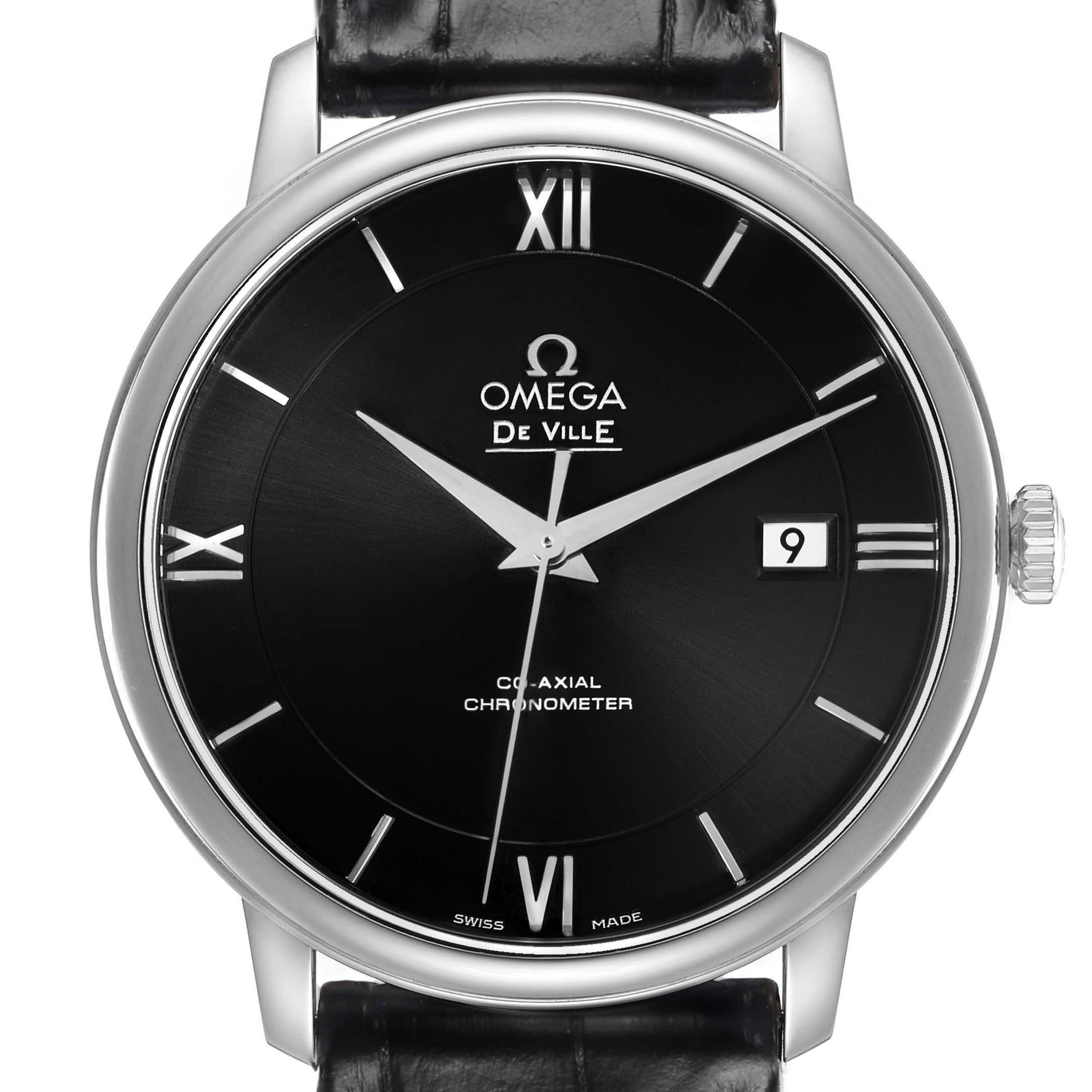 The Omega De Ville 424.13.40.20.01.001 Men's Stainless Steel Black Dial watch is shown from a front angle, featuring the dial, hands, date window, and crown.