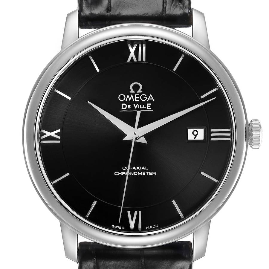 The Omega De Ville 424.13.40.20.01.001 Men's Stainless Steel Black Dial watch is shown from a front angle, featuring the dial, hands, date window, and crown.