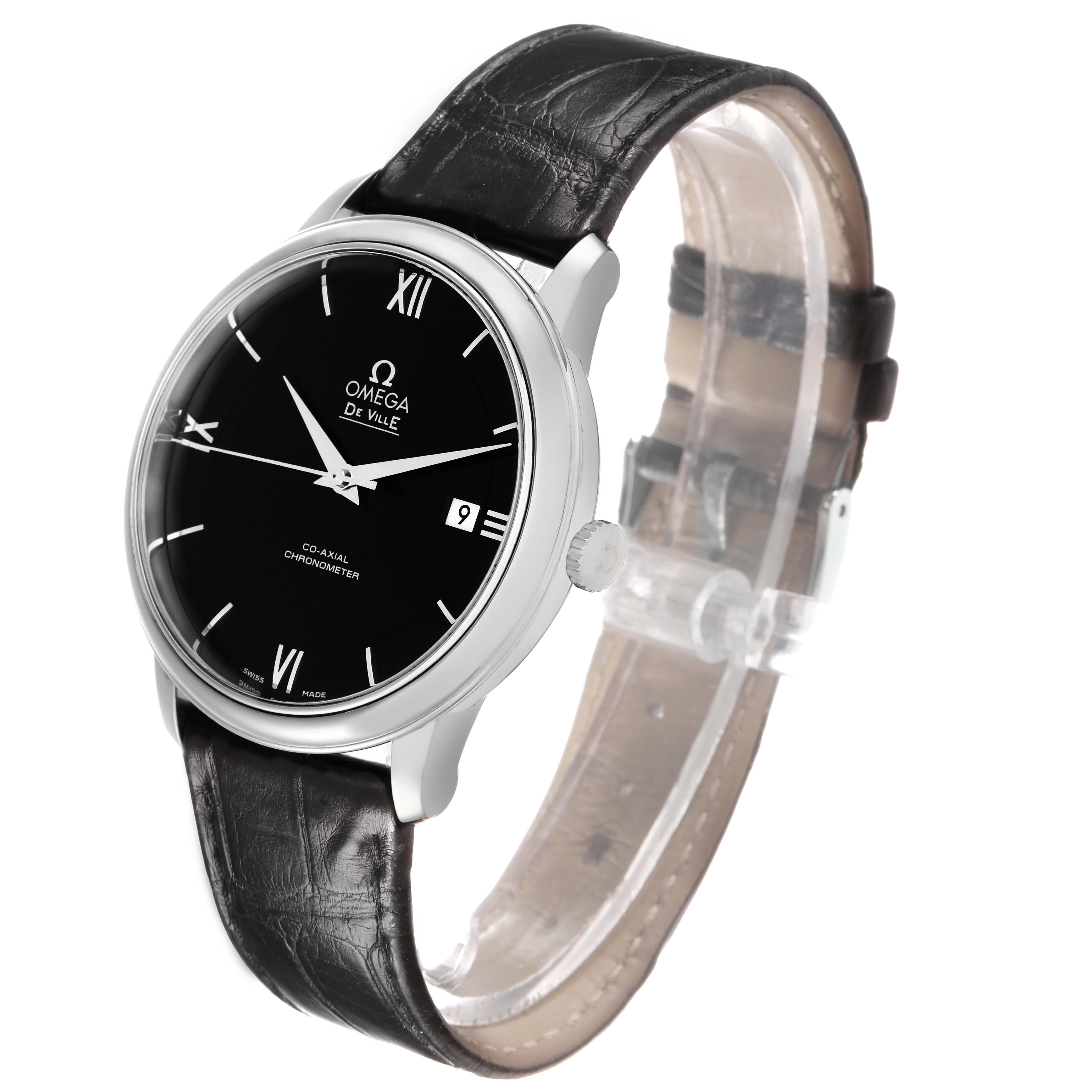 The Omega De Ville 424.13.40.20.01.001 Men's Stainless Steel Black Dial watch is shown at a slight angle, displaying the face, crown, and leather strap.