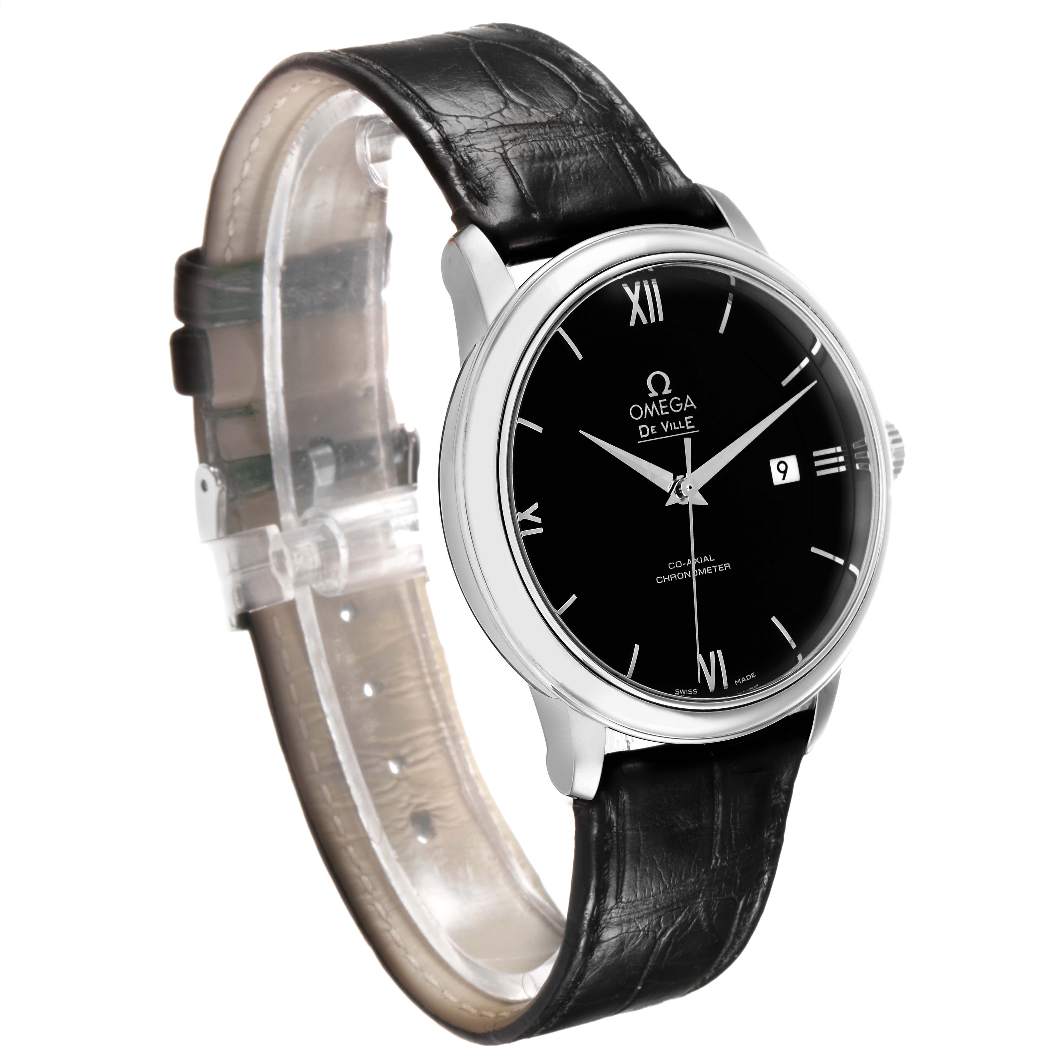 The Omega De Ville 424.13.40.20.01.001 Men's Stainless Steel Black Dial watch is shown at a slight angle highlighting its black dial, leather strap, and silver-tone case.