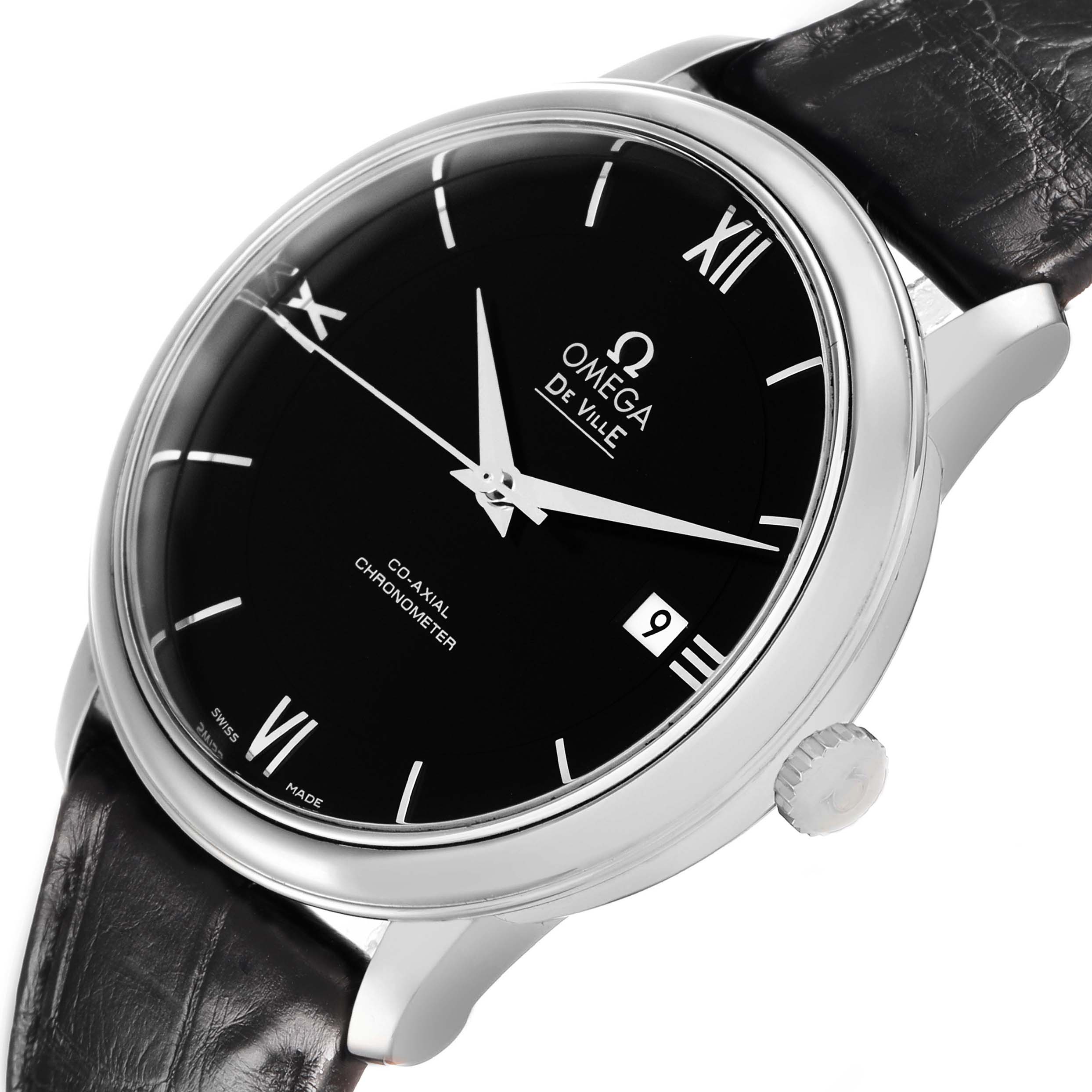 The Omega De Ville 424.13.40.20.01.001 Men's Stainless Steel Black Dial watch is shown at a tilted angle, displaying the dial, case, crown, and leather strap.