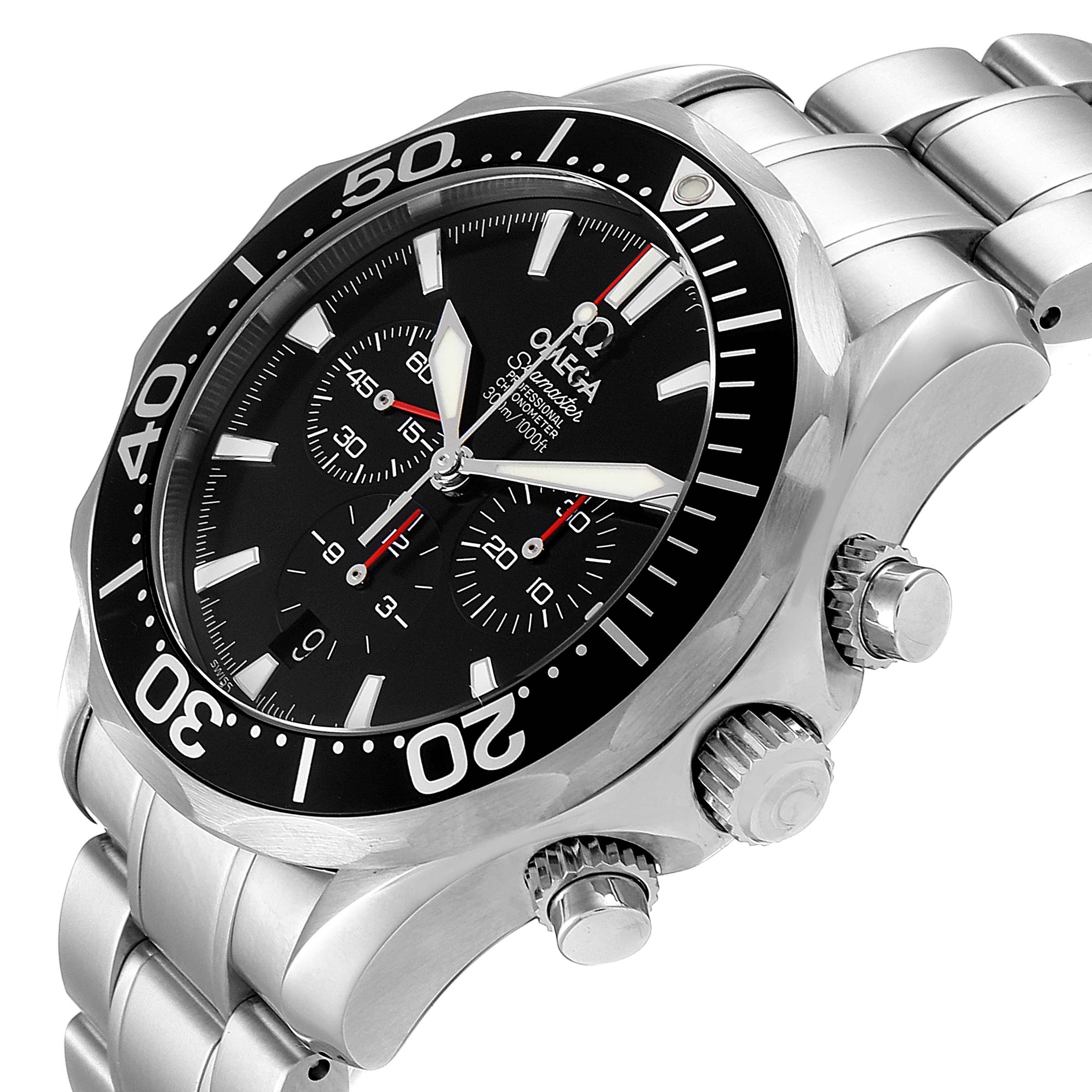 The Omega Seamaster 2594.50.00 Men's Stainless Steel Black Dial 2594.50.00 Men's Stainless Steel Black Dial watch is shown at an angled view highlighting the face, bezel, case, crown, and bracelet.