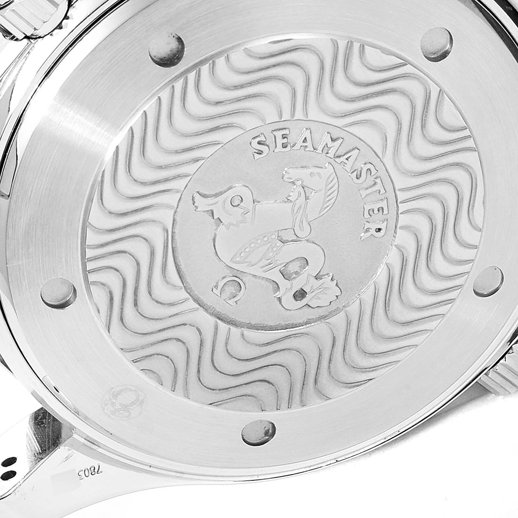 The image shows the case back of an Omega Seamaster 2594.50.00 Men's Stainless Steel Black Dial 2594.50.00 Men's Stainless Steel Black Dial watch, featuring the Seamaster logo engraving.