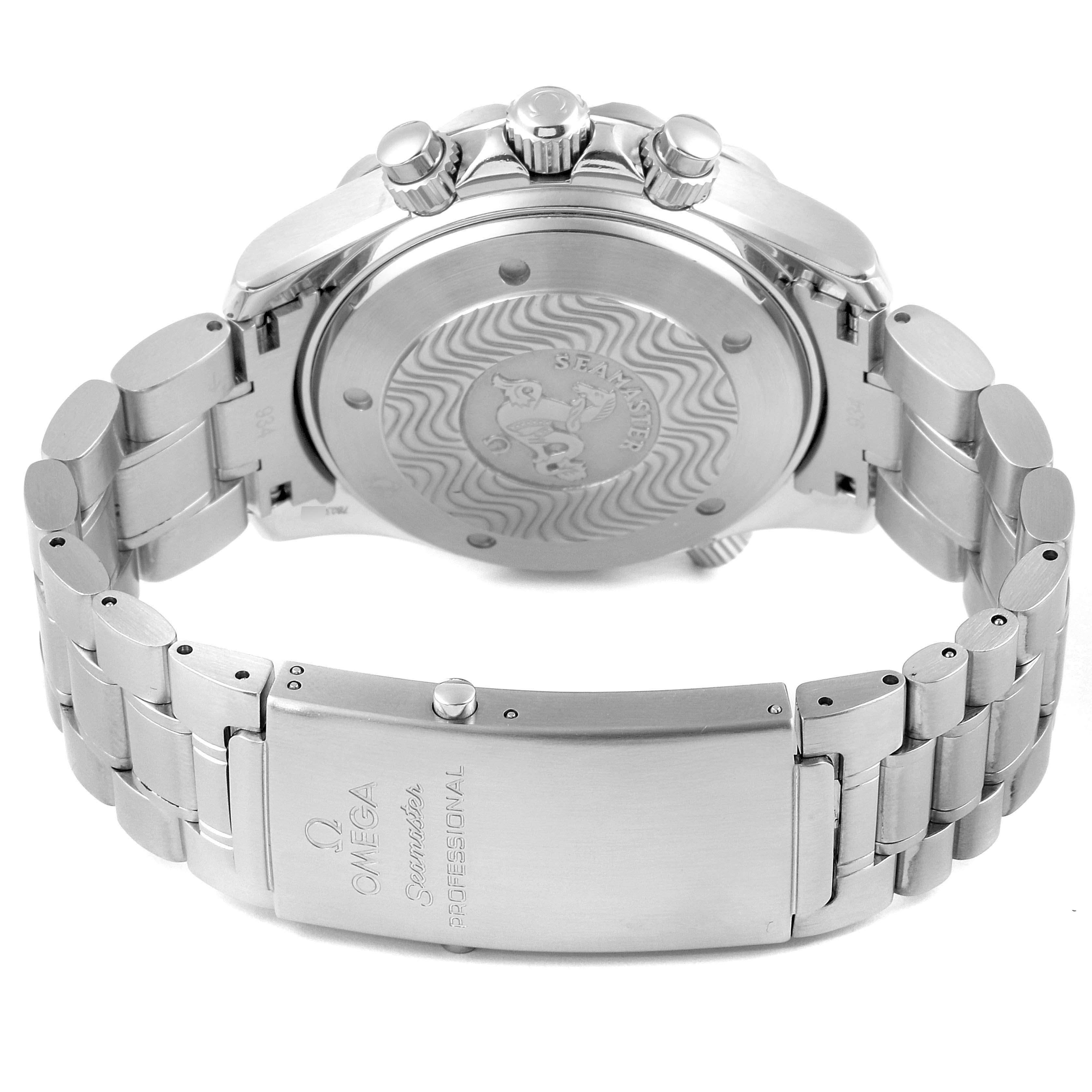 The image shows the back and bracelet clasp of an Omega Seamaster 2594.50.00 Men's Stainless Steel Black Dial 2594.50.00 Men's Stainless Steel Black Dial watch, highlighting the engraved case back and stainless steel bracelet.