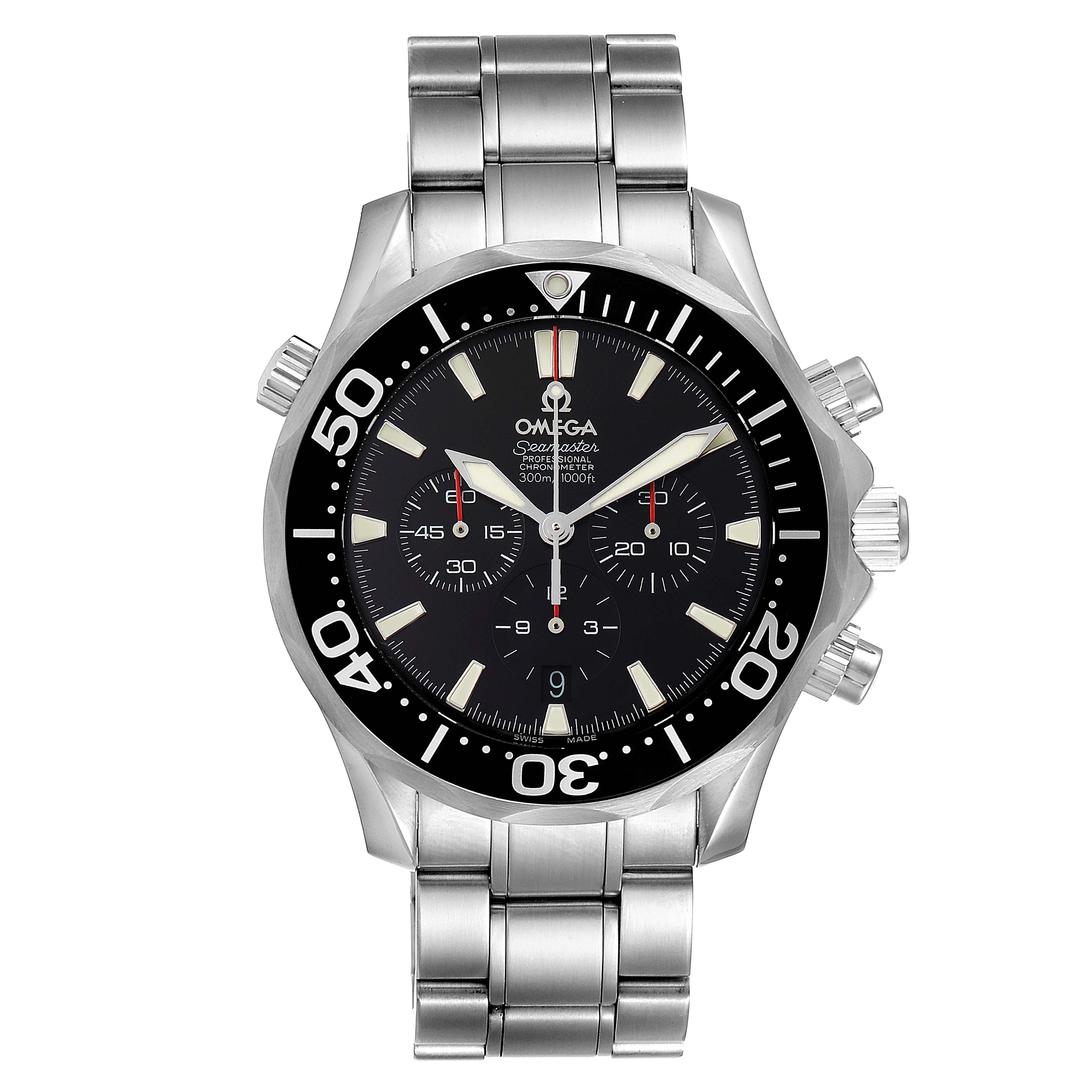 This image shows the front view of an Omega Seamaster 2594.50.00 Men's Stainless Steel Black Dial 2594.50.00 Men's Stainless Steel Black Dial watch, highlighting its face, bezel, and metal bracelet.