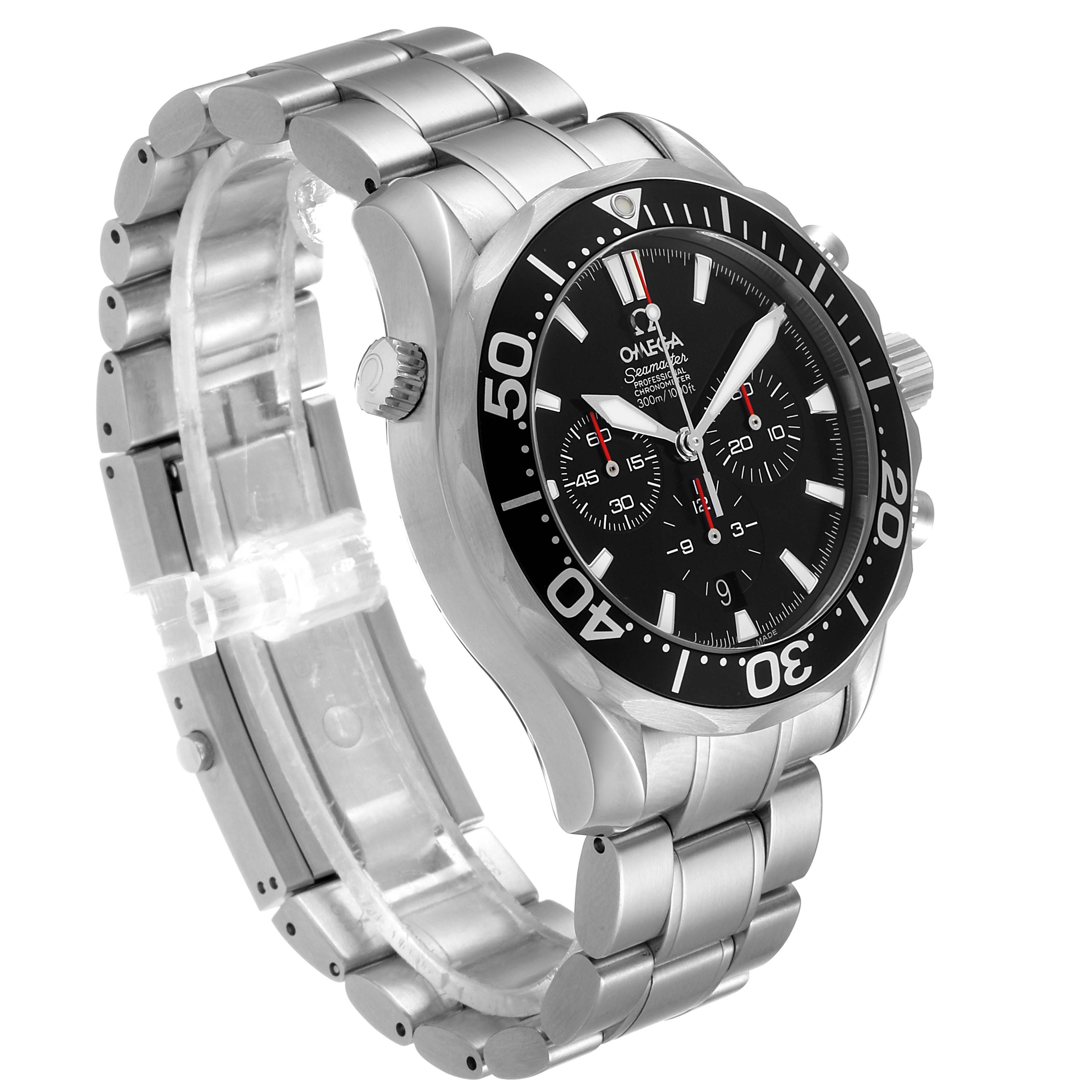The image shows a side angle of an Omega Seamaster 2594.50.00 Men's Stainless Steel Black Dial 2594.50.00 Men's Stainless Steel Black Dial, highlighting the bracelet, bezel, and chronograph dial.