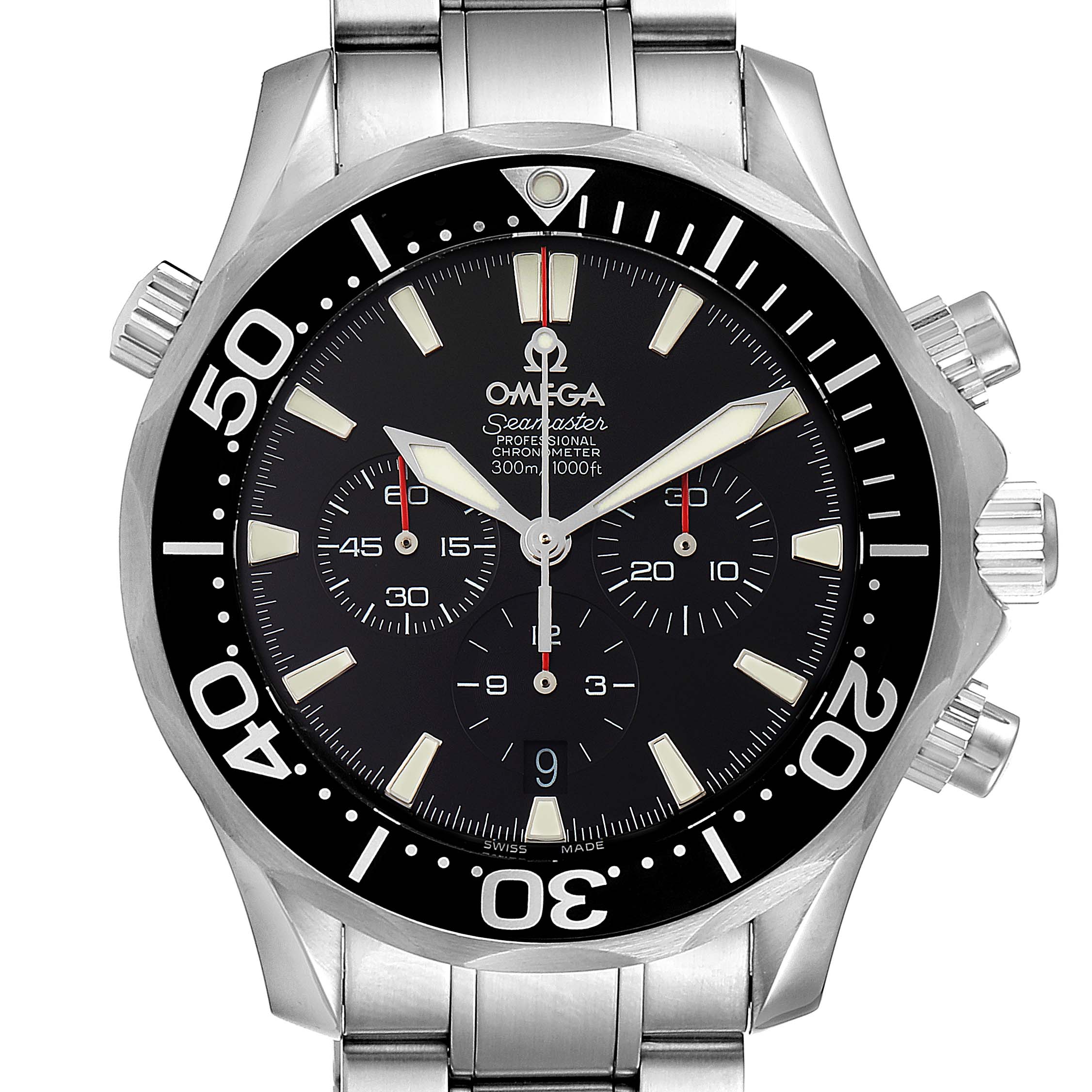 This image shows a close-up, front view of an Omega Seamaster 2594.50.00 Men's Stainless Steel Black Dial 2594.50.00 Men's Stainless Steel Black Dial watch, highlighting the dial, bezel, and chronograph features.