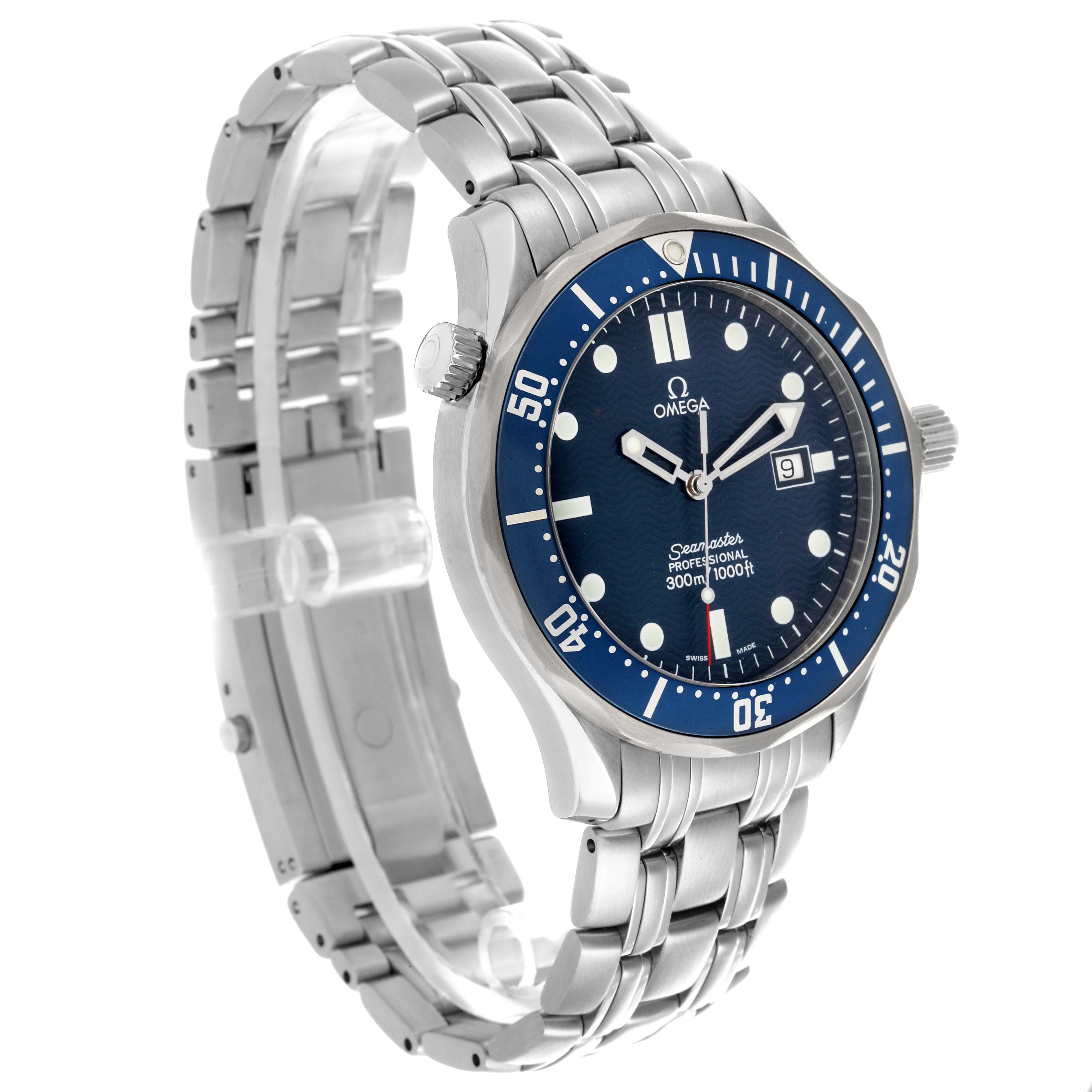 The image shows an Omega Seamaster 2541.80.00 Men's Stainless Steel Blue Dial 2541.80.00 Men's Stainless Steel Blue Dial watch from a three-quarter angle, highlighting the dial, bezel, crown, and bracelet.