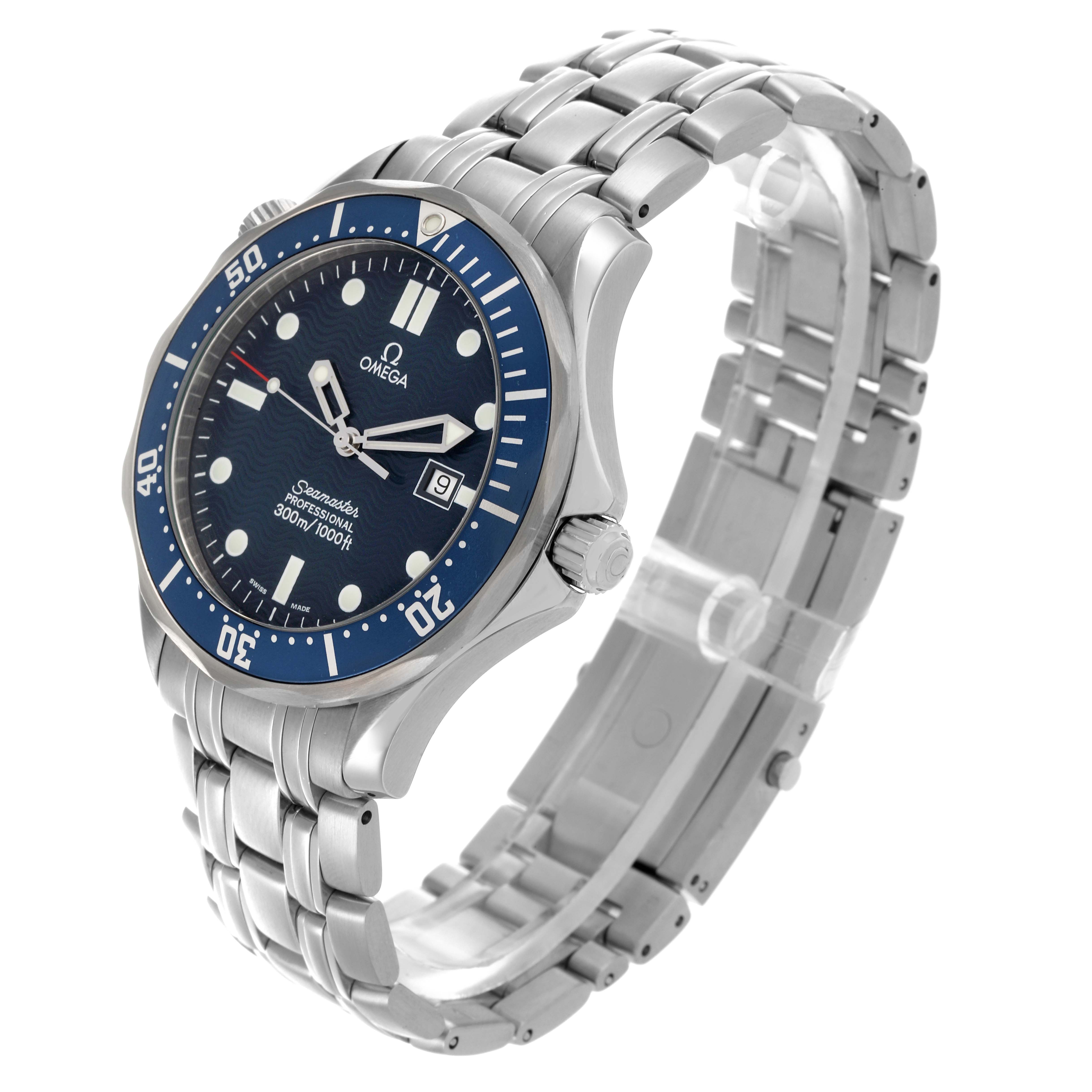 The Omega Seamaster 2541.80.00 Men's Stainless Steel Blue Dial 2541.80.00 Men's Stainless Steel Blue Dial watch is shown at a three-quarter angle, displaying the dial, bezel, crown, and stainless steel bracelet.