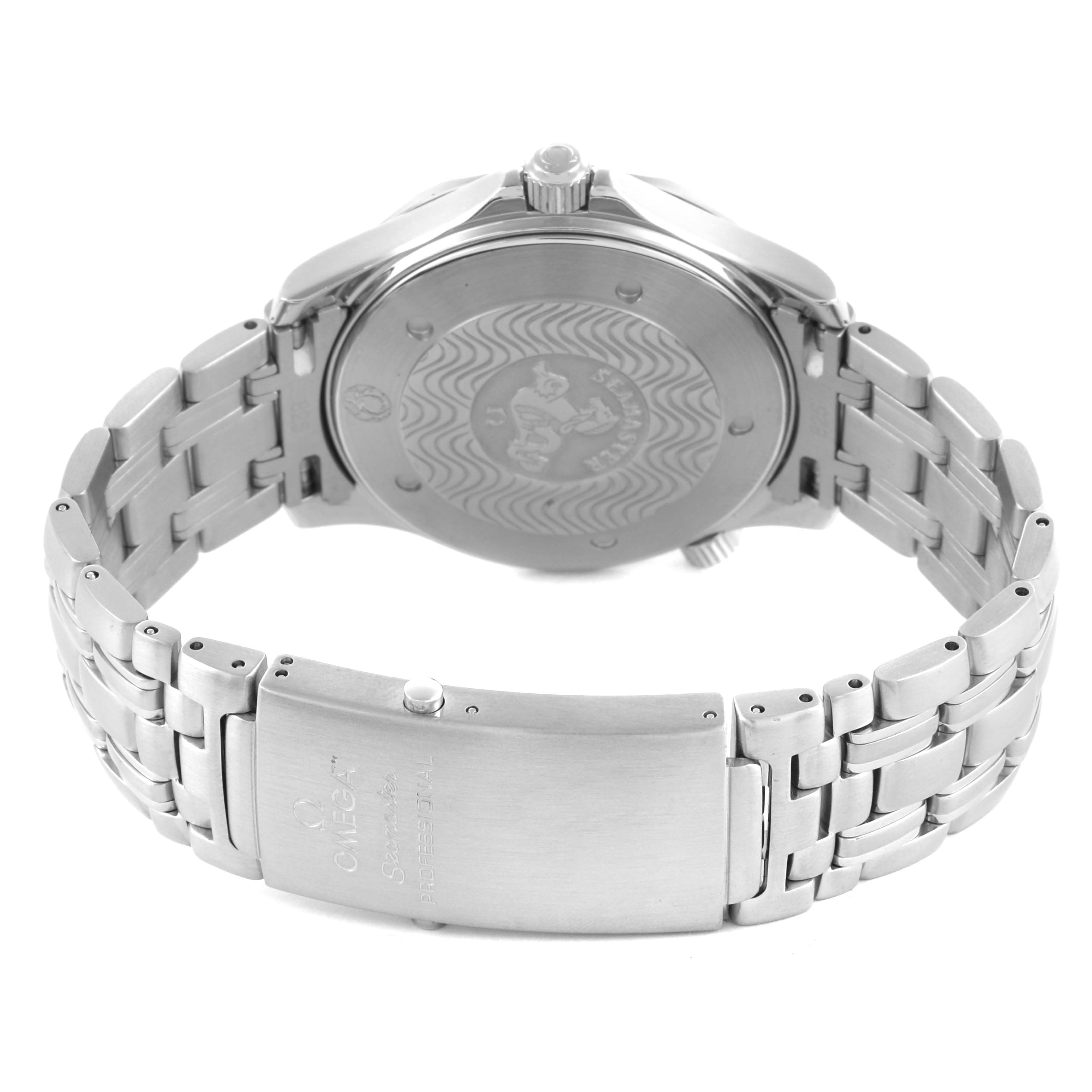 The Omega Seamaster 2541.80.00 Men's Stainless Steel Blue Dial 2541.80.00 Men's Stainless Steel Blue Dial is shown from the back, highlighting the case back, bracelet, and clasp.