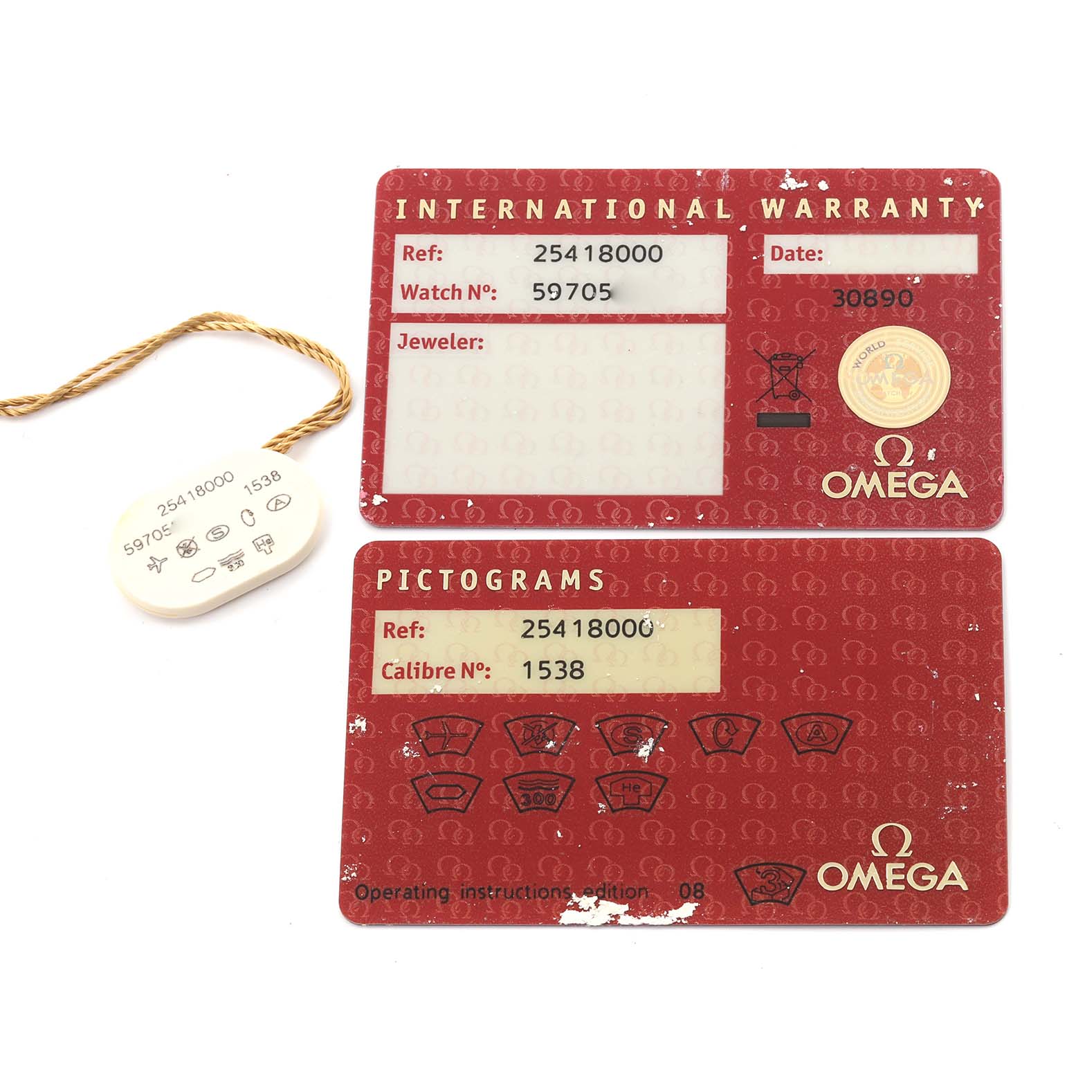 The image shows Omega Seamaster 2541.80.00 Men's Stainless Steel Blue Dial 2541.80.00 Men's Stainless Steel Blue Dial warranty cards and a tag with model and caliber details.