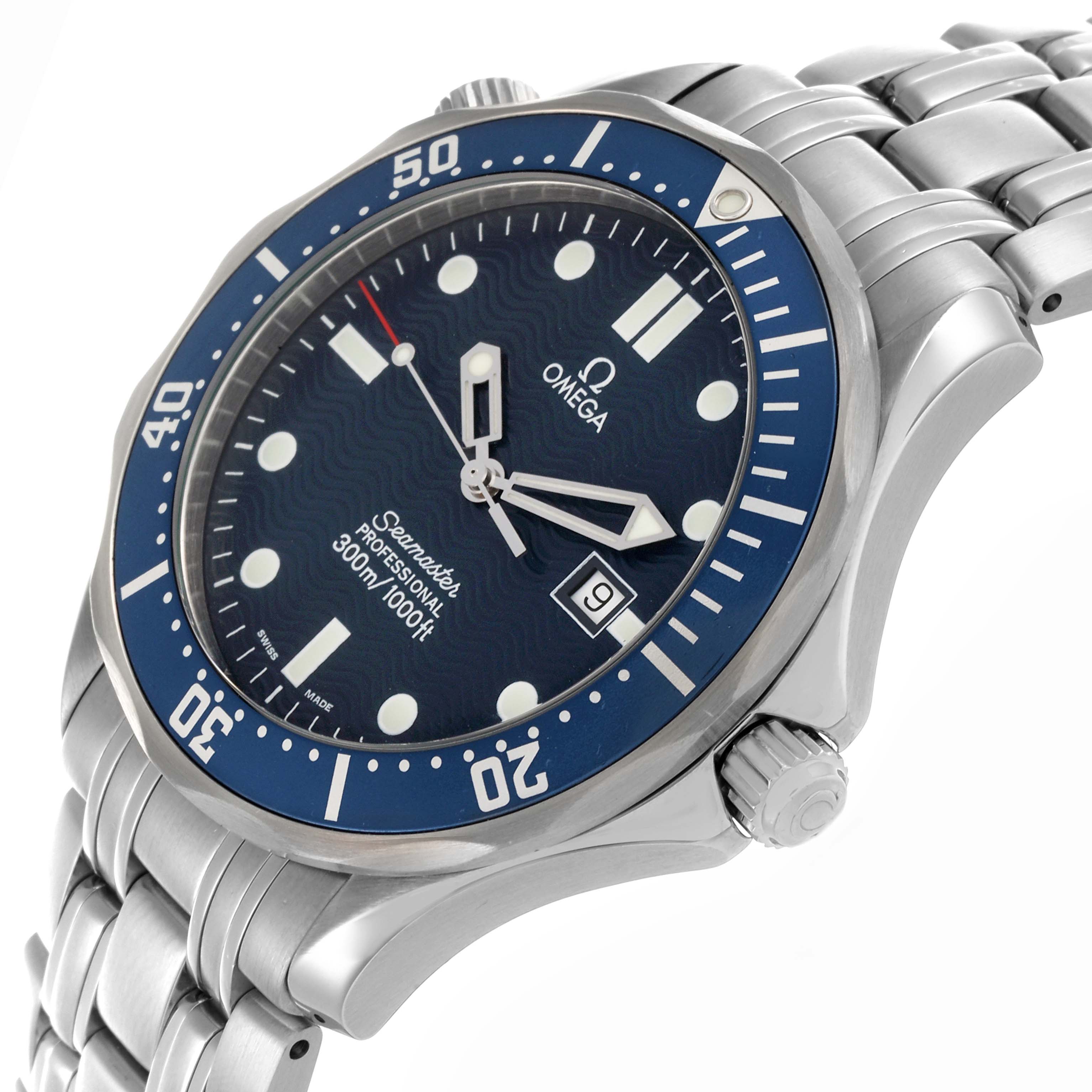 The Omega Seamaster 2541.80.00 Men's Stainless Steel Blue Dial 2541.80.00 Men's Stainless Steel Blue Dial watch is shown at an angled view, displaying the face, bezel, crown, and part of the bracelet.