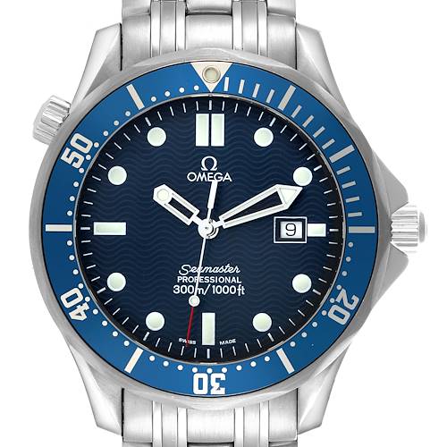 The image shows the Omega Seamaster watch face and bezel from a top-down angle, including the crown and part of the bracelet.