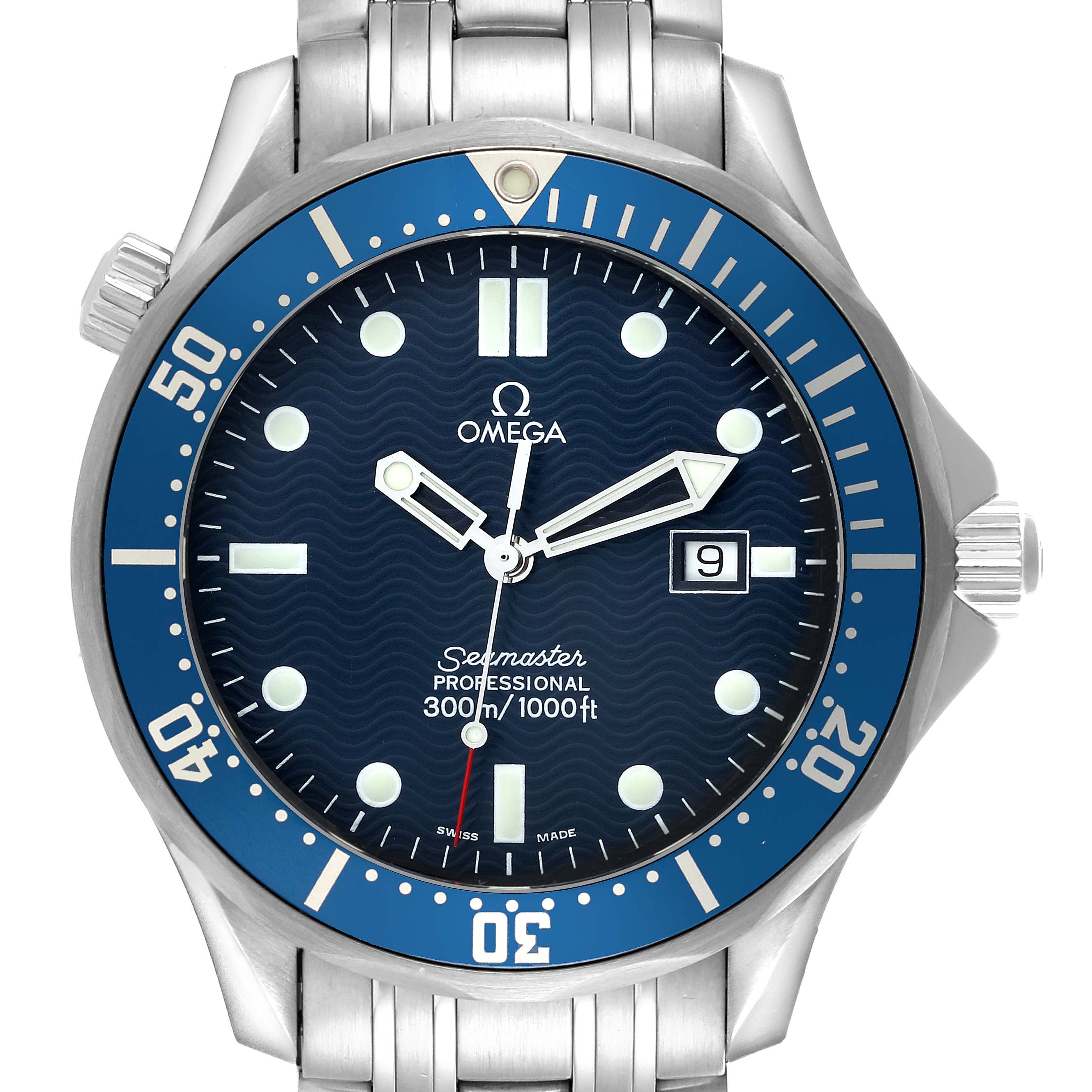 The Omega Seamaster 2541.80.00 Men's Stainless Steel Blue Dial 2541.80.00 Men's Stainless Steel Blue Dial watch is shown from the front, displaying its dial, bezel, and part of the bracelet.