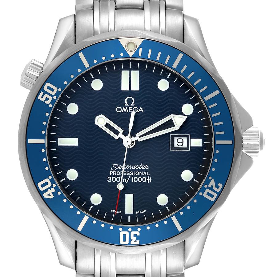 The Omega Seamaster watch is shown from the front, displaying its dial, bezel, and part of the bracelet.