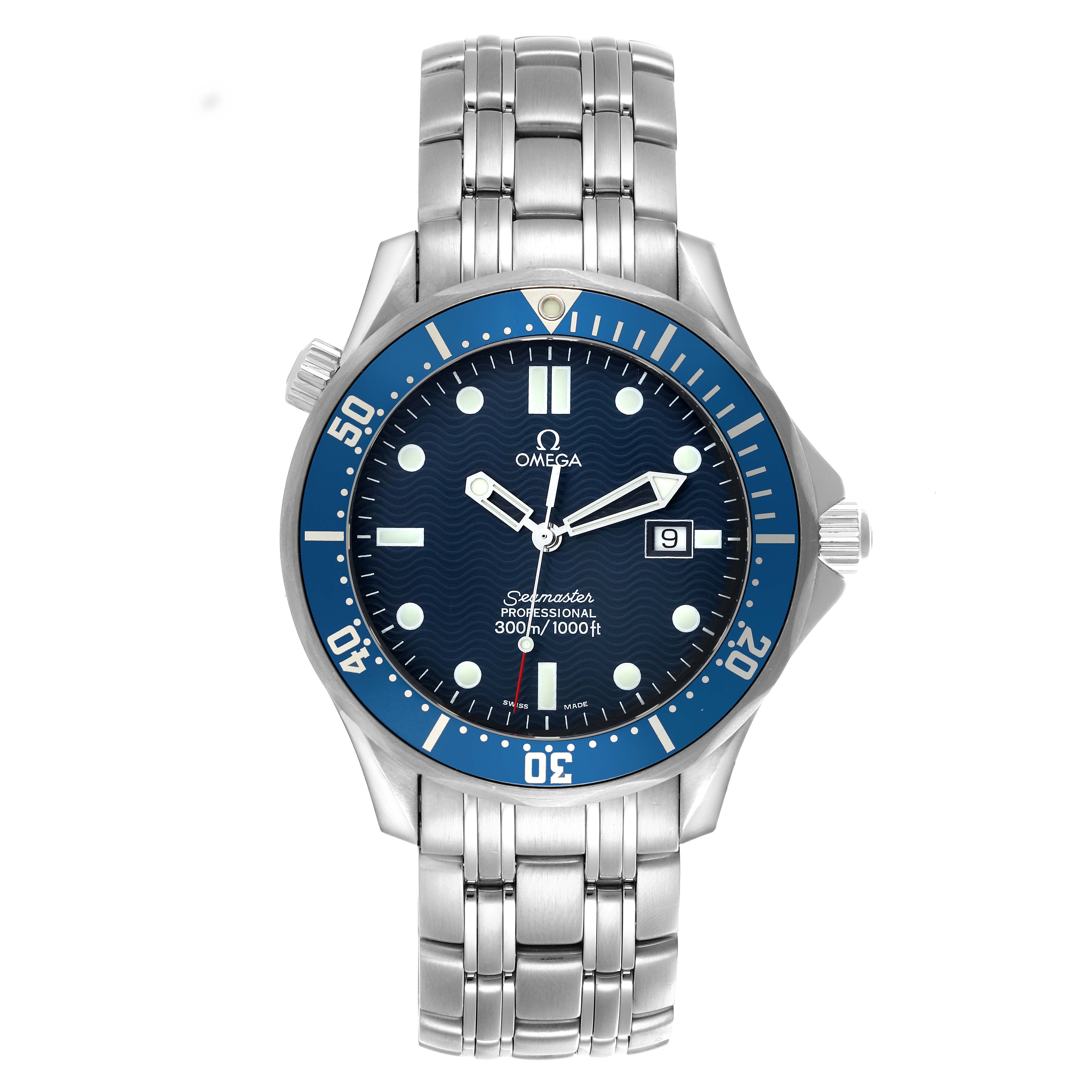 The Omega Seamaster 2541.80.00 Men's Stainless Steel Blue Dial 2541.80.00 Men's Stainless Steel Blue Dial watch is shown from a top-down angle, featuring the face, bezel, and bracelet.