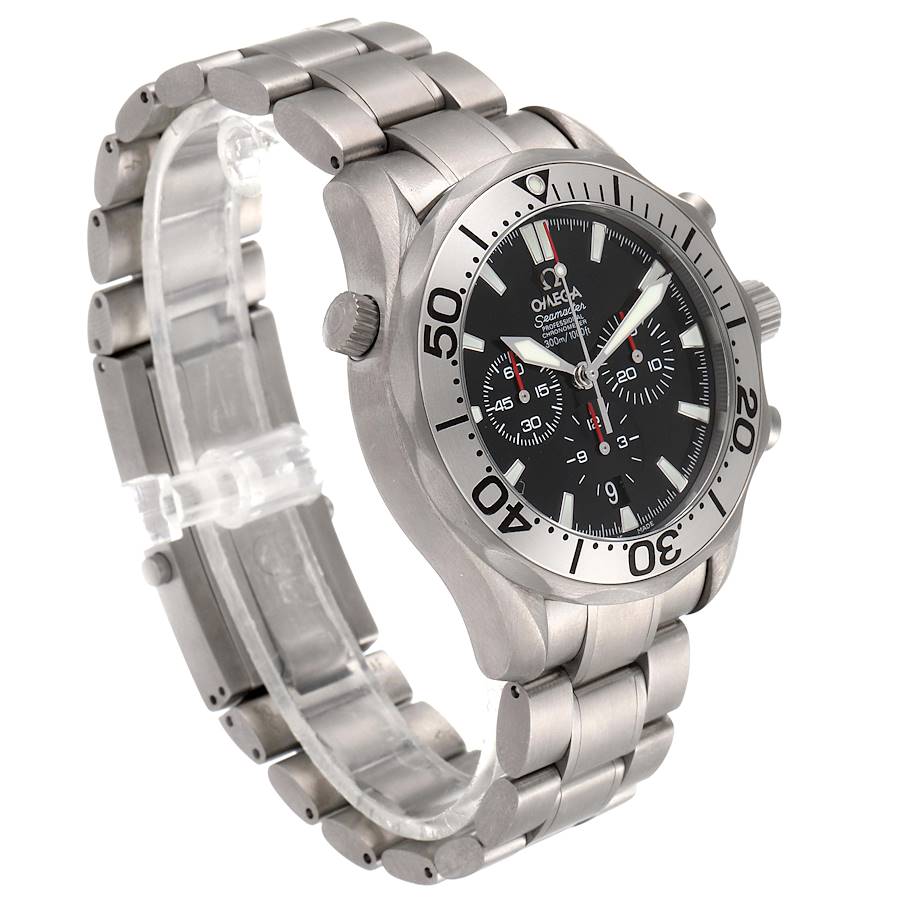 The Omega Seamaster watch is shown at a three-quarter angle highlighting the dial, bezel, and metal bracelet.