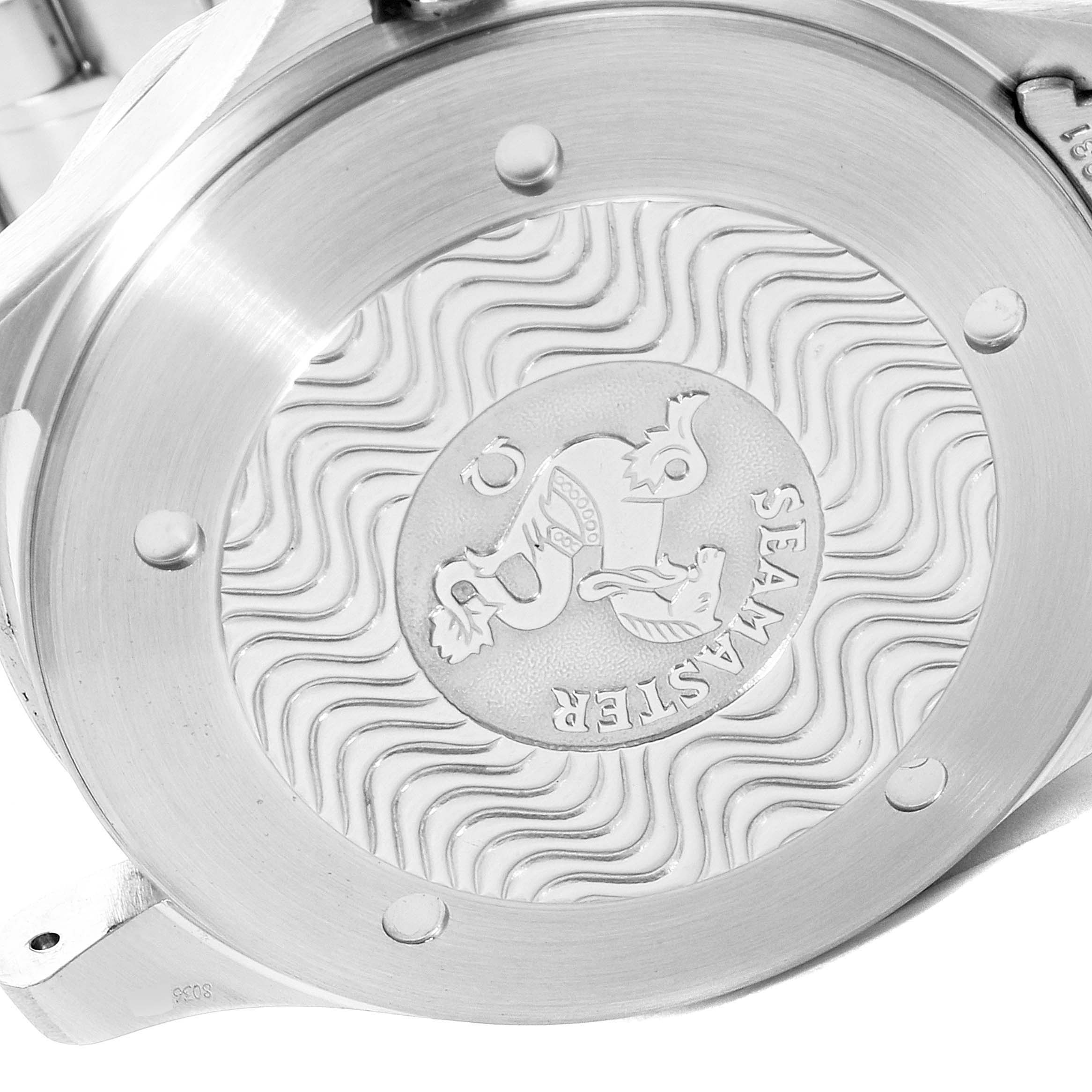 This image shows the back case of the Omega Seamaster 2538.20.00 Men's Stainless Steel White Dial 2538.20.00 Men's Stainless Steel White Dial watch featuring its distinct engraving and wave pattern design.