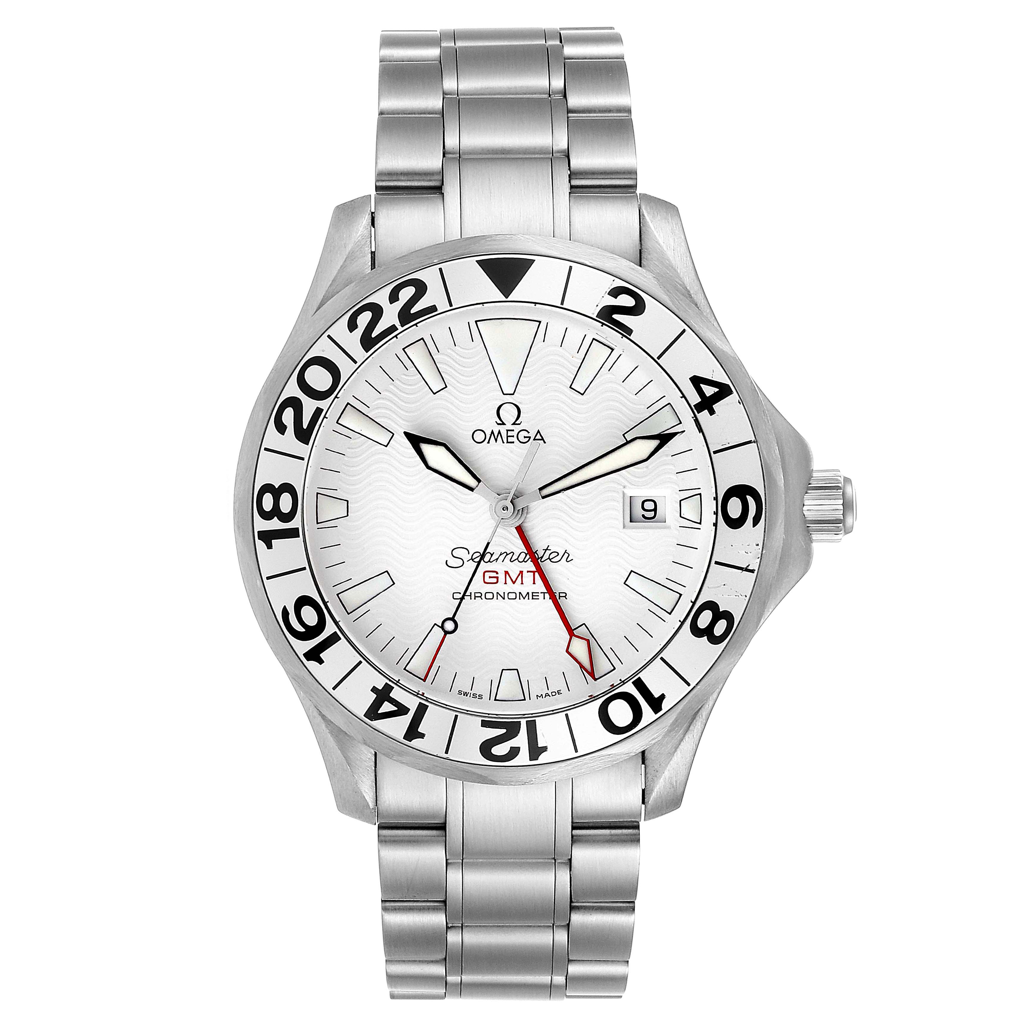 This image shows a front view of the Omega Seamaster 2538.20.00 Men's Stainless Steel White Dial 2538.20.00 Men's Stainless Steel White Dial GMT Chronometer watch, including the dial, bezel, and stainless steel bracelet.