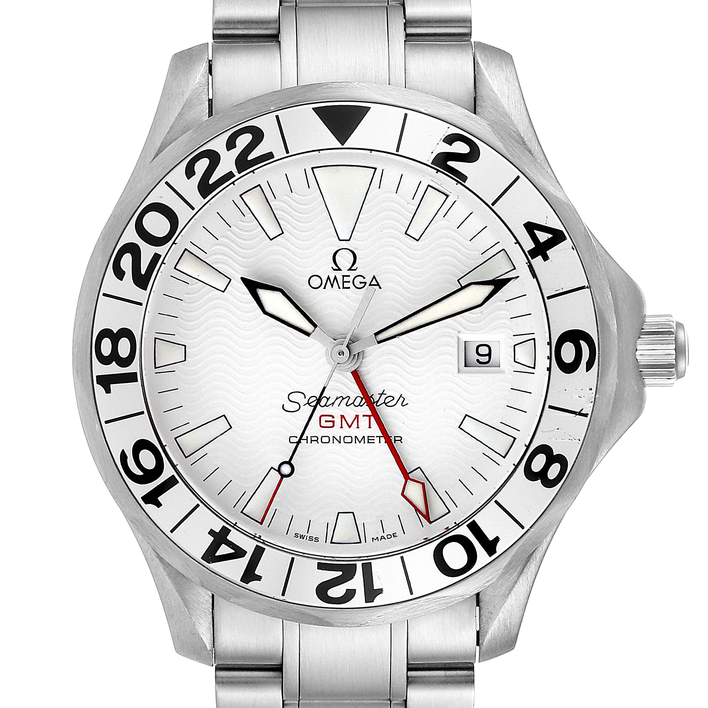 The image shows a front view of an Omega Seamaster 2538.20.00 Men's Stainless Steel White Dial 2538.20.00 Men's Stainless Steel White Dial GMT watch face and part of the bracelet.