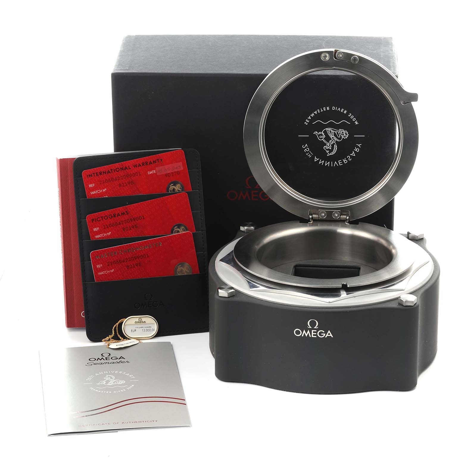 The image shows the packaging and accessories for the Omega Seamaster 210.60.42.20.99.001 Men's Titanium Grey Dial 210.60.42.20.99.001 Men's Titanium Grey Dial, including a box, cards, and a booklet.