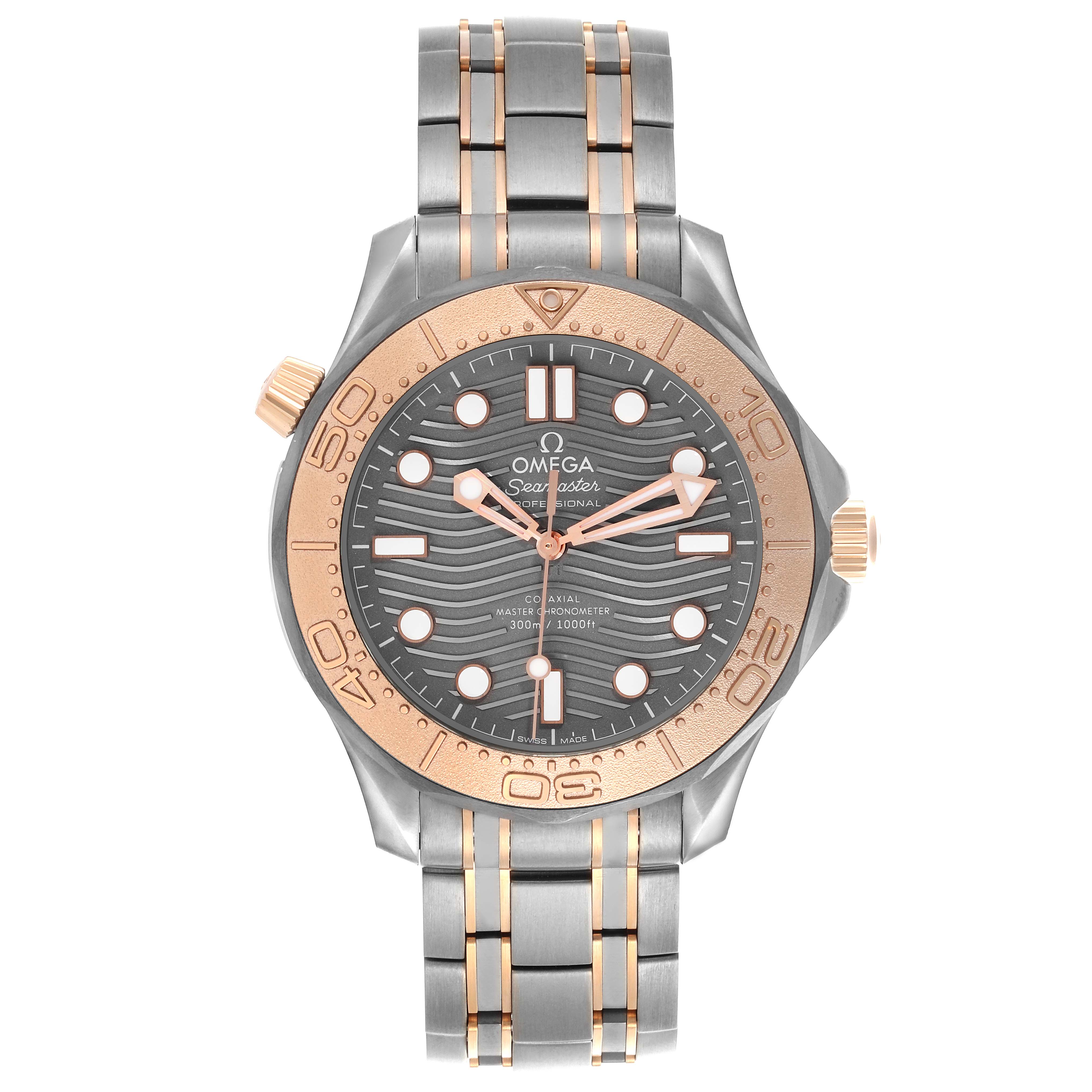 The Omega Seamaster 210.60.42.20.99.001 Men's Titanium Grey Dial 210.60.42.20.99.001 Men's Titanium Grey Dial watch is shown from a front view, displaying the dial, bezel, and bracelet clearly.