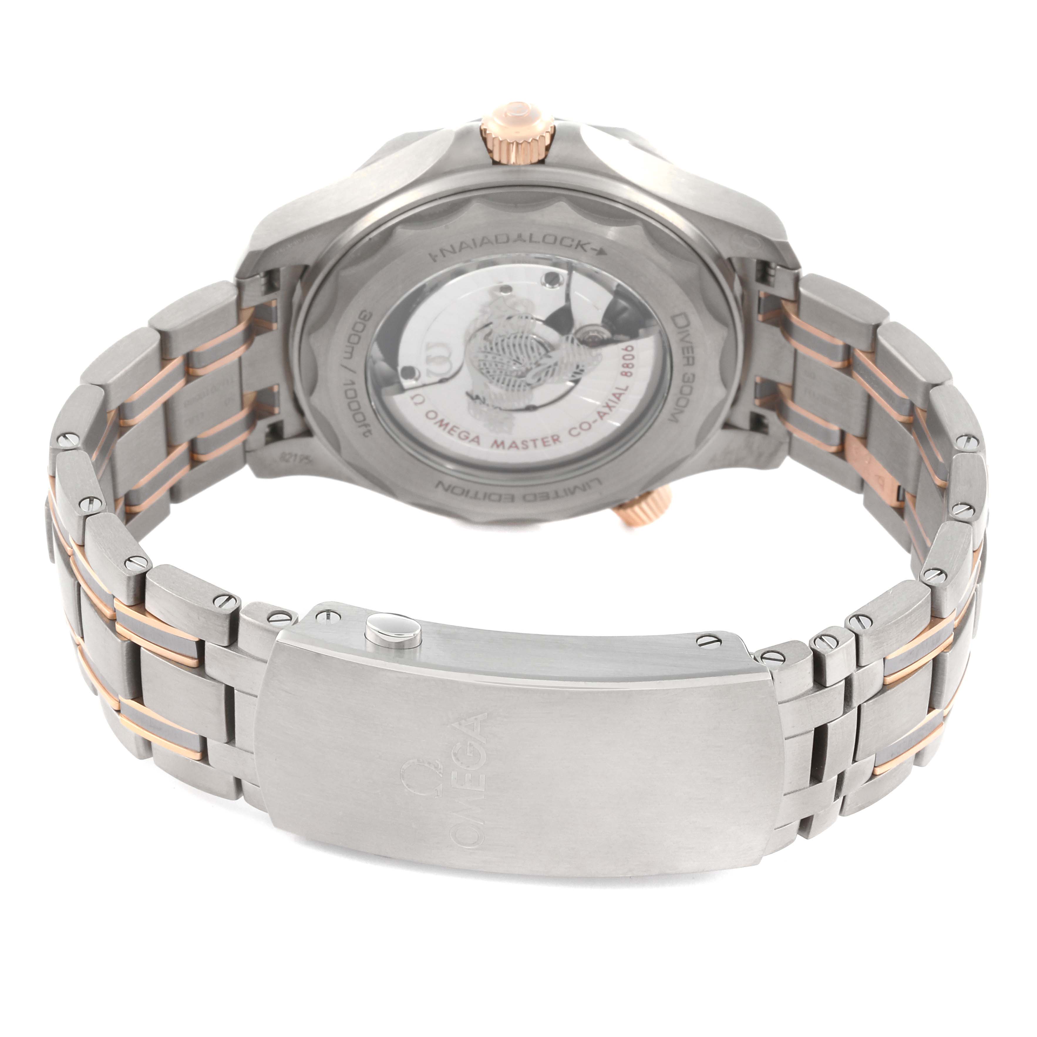 The Omega Seamaster 210.60.42.20.99.001 Men's Titanium Grey Dial 210.60.42.20.99.001 Men's Titanium Grey Dial is shown from the back, highlighting the case back, bracelet, and clasp.