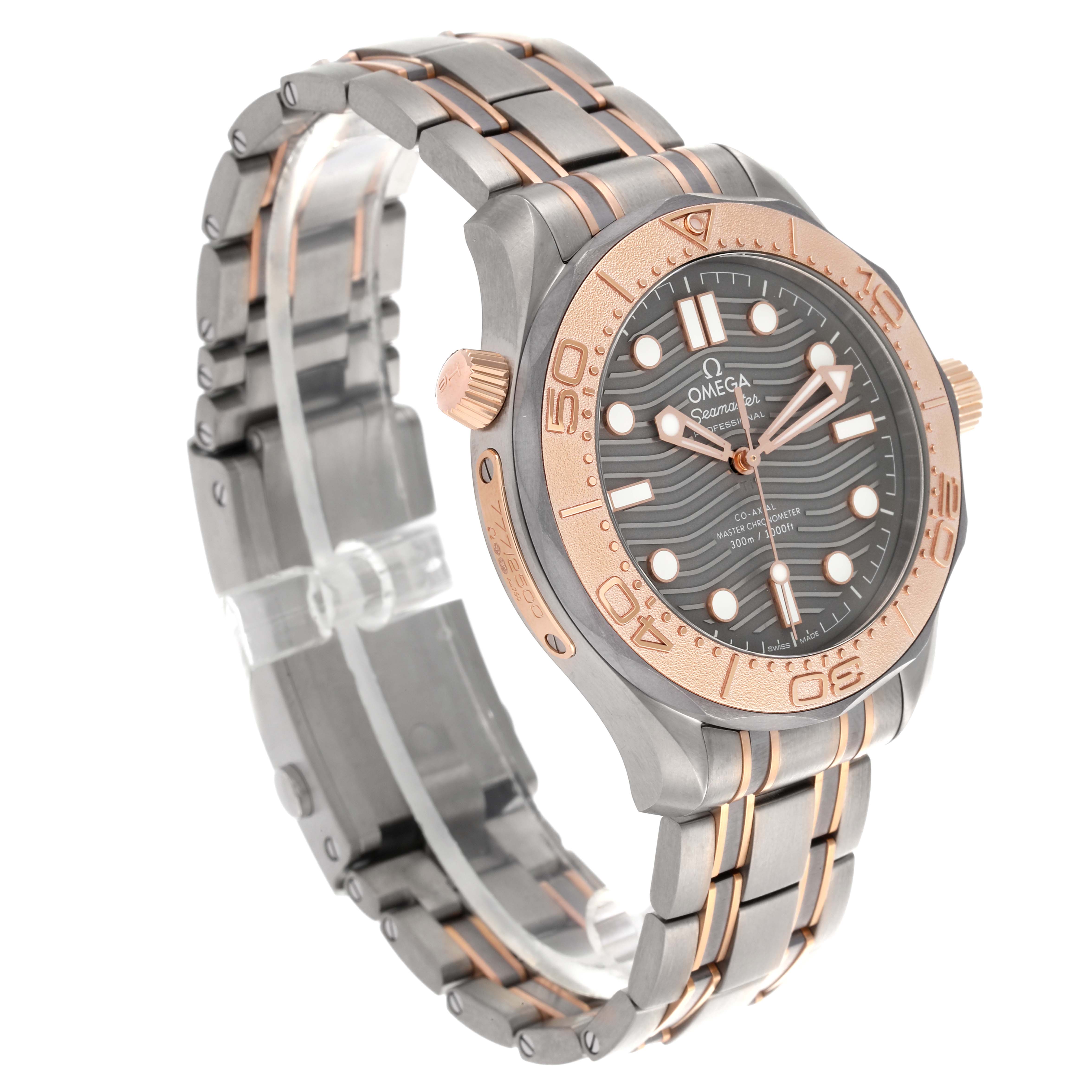 The Omega Seamaster 210.60.42.20.99.001 Men's Titanium Grey Dial 210.60.42.20.99.001 Men's Titanium Grey Dial watch is shown at a three-quarter angle, highlighting the face, bezel, and bracelet.