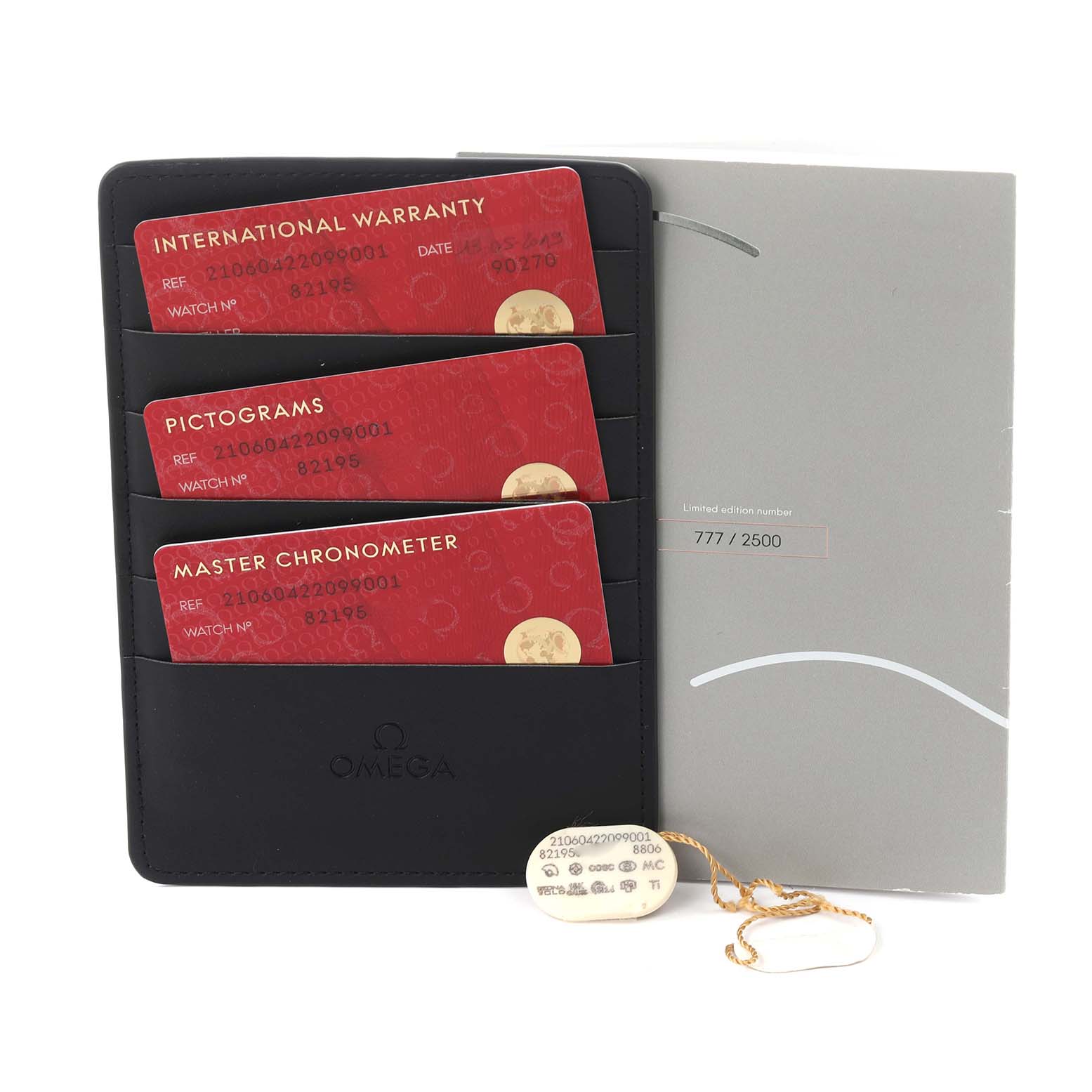 The image shows Omega Seamaster 210.60.42.20.99.001 Men's Titanium Grey Dial 210.60.42.20.99.001 Men's Titanium Grey Dial accessories including warranty cards and a certificate holder.