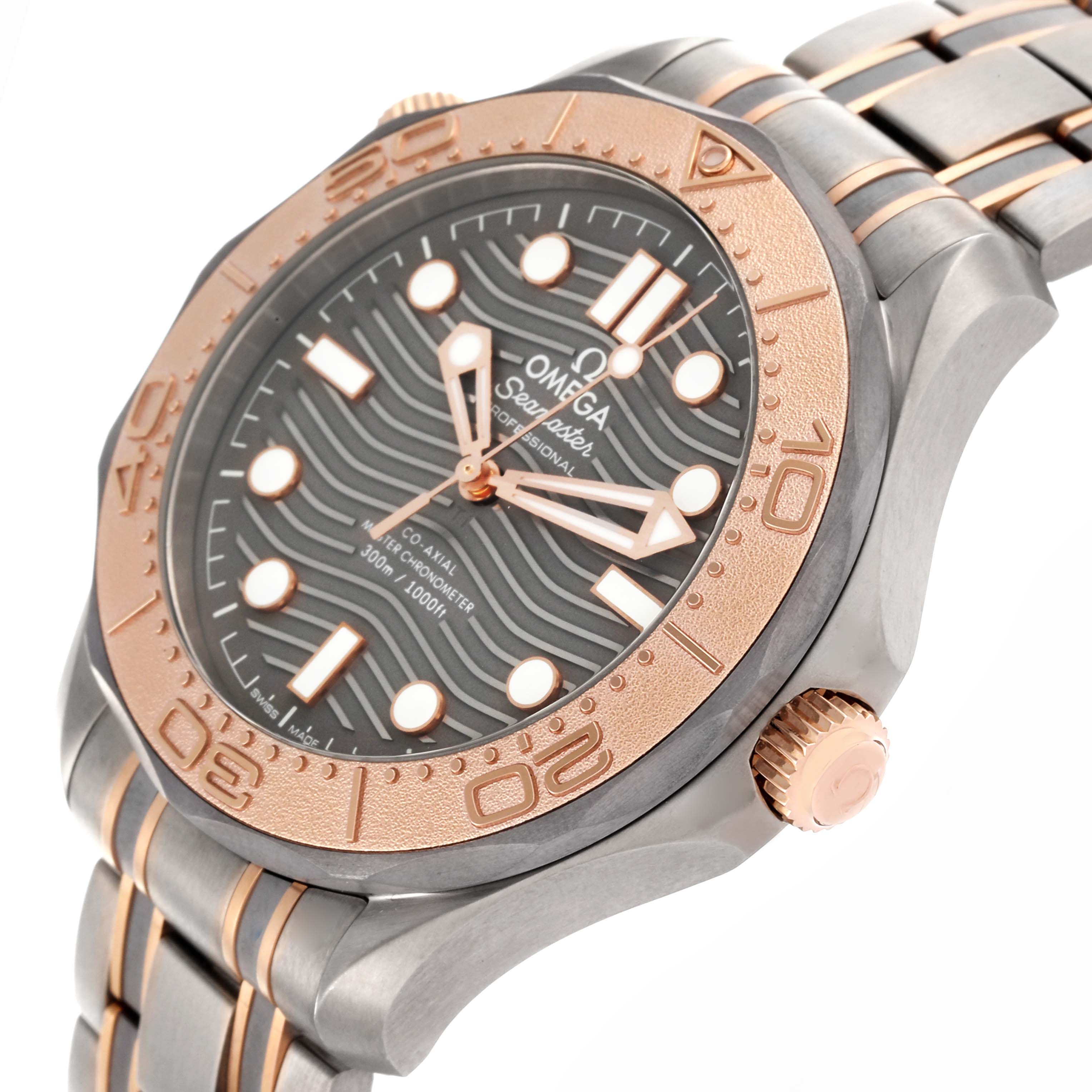 The Omega Seamaster 210.60.42.20.99.001 Men's Titanium Grey Dial 210.60.42.20.99.001 Men's Titanium Grey Dial watch is shown at a tilted angle, highlighting the face, bezel, crown, and part of the bracelet.