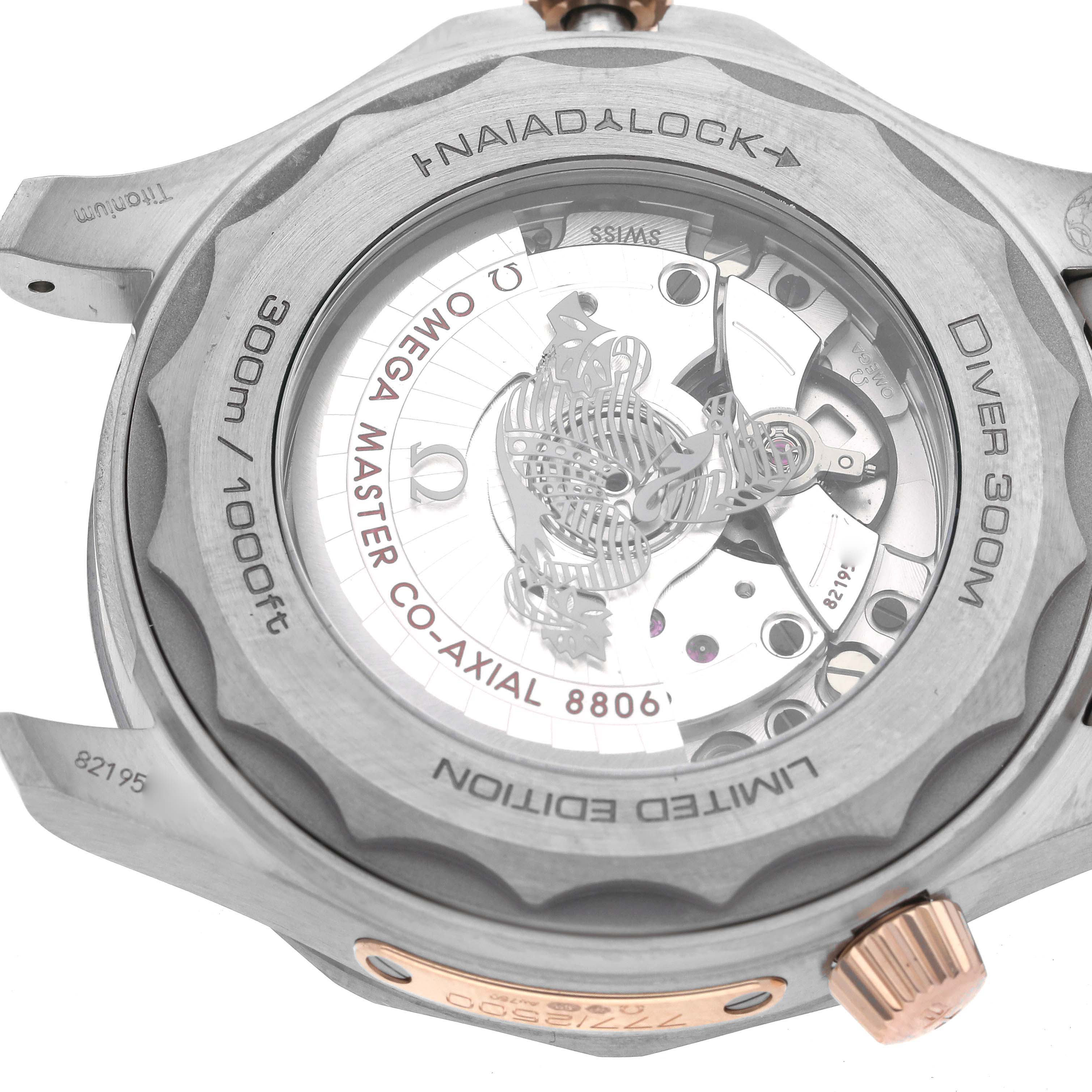 The image shows the back view of an Omega Seamaster 210.60.42.20.99.001 Men's Titanium Grey Dial 210.60.42.20.99.001 Men's Titanium Grey Dial, highlighting the movement and "NAIAD LOCK" case back.