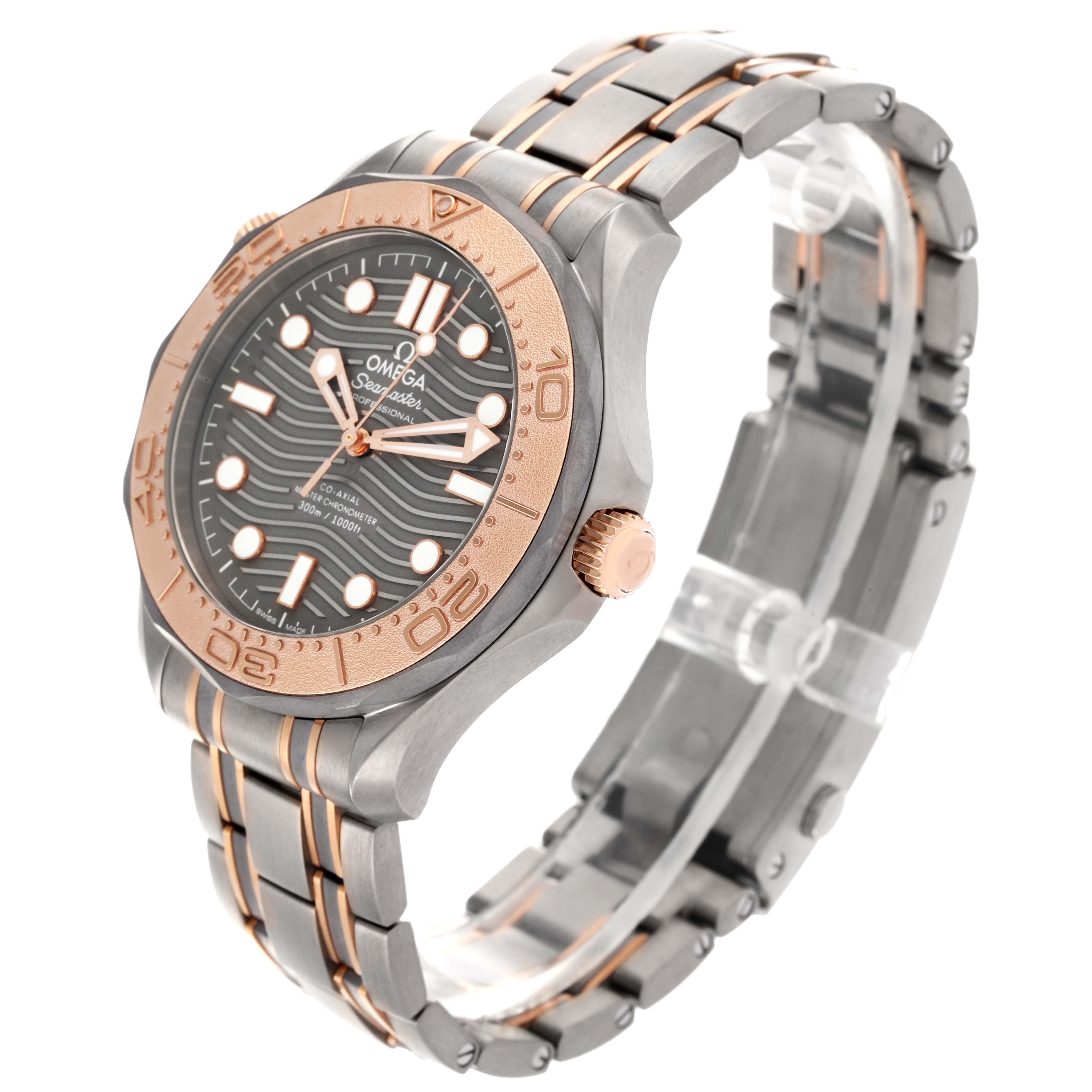 The Omega Seamaster 210.60.42.20.99.001 Men's Titanium Grey Dial 210.60.42.20.99.001 Men's Titanium Grey Dial watch is shown at a three-quarter angle, highlighting the face, bezel, crown, and bracelet.