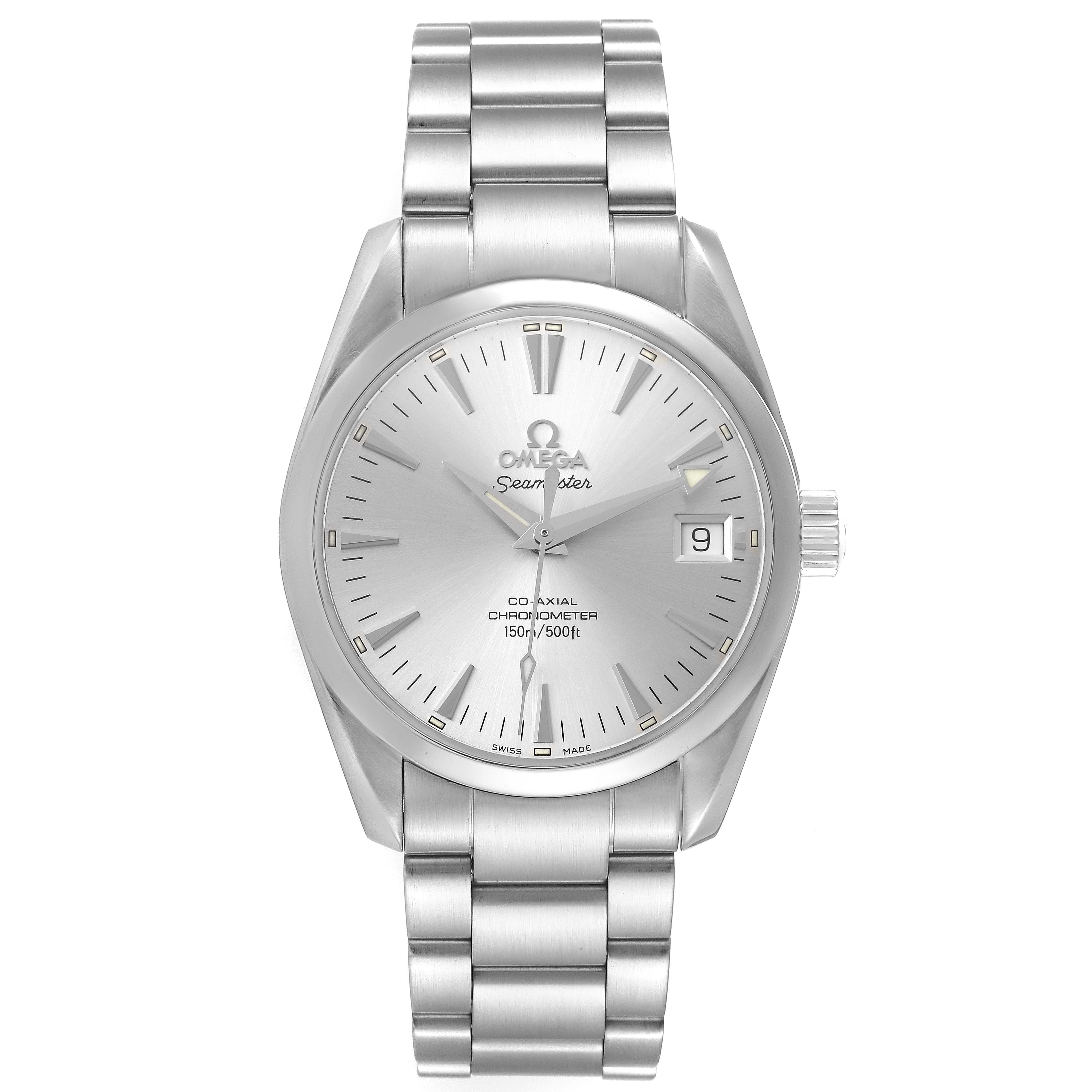 This image shows a frontal view of an Omega Aqua Terra 2504.30.00 Men
s Stainless Steel Silver Dial 2504.30.00 Men
s Stainless Steel Silver Dial watch, highlighting the face, bezel, and bracelet.
