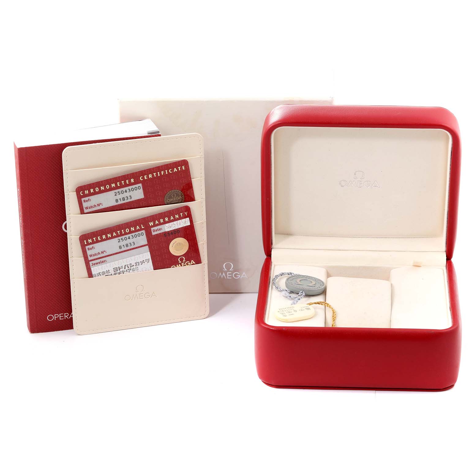 The image shows the Omega Aqua Terra 2504.30.00 Men
s Stainless Steel Silver Dial 2504.30.00 Men
s Stainless Steel Silver Dial watch box, warranty cards, certificates, and tags.