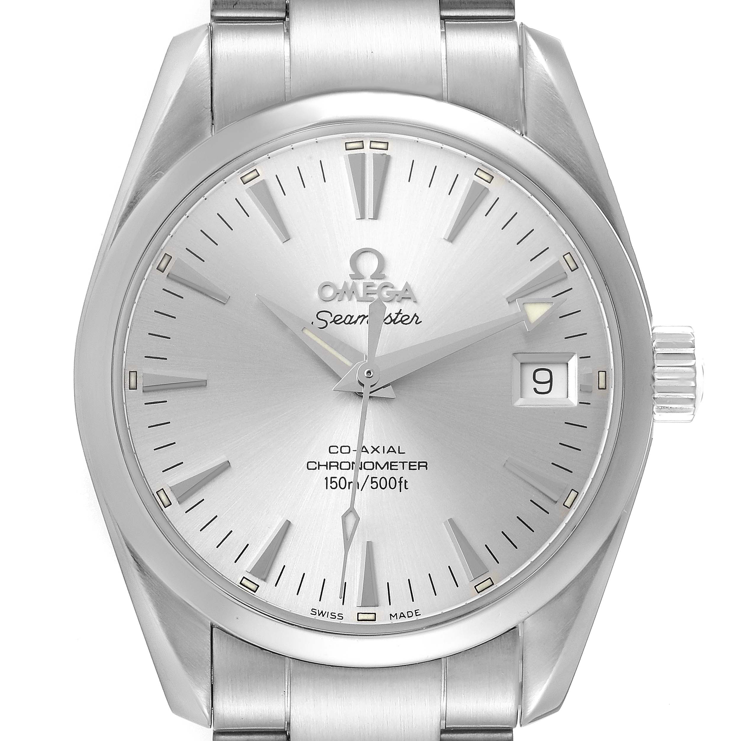 The Omega Aqua Terra 2504.30.00 Men
s Stainless Steel Silver Dial 2504.30.00 Men
s Stainless Steel Silver Dial watch is shown from the front, displaying its silver dial, hands, indices, date window, and part of the bracelet.