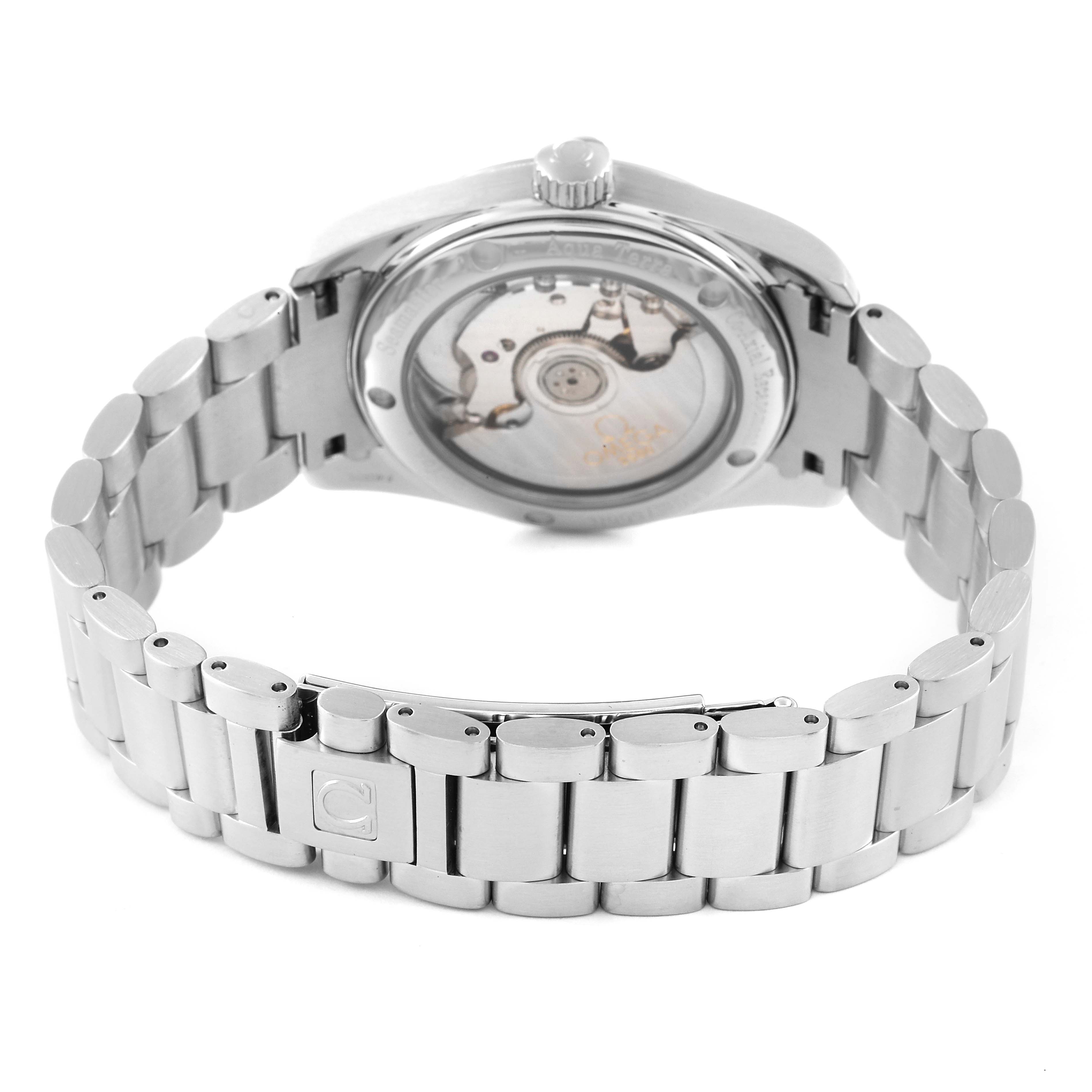 The image shows the back view of the Omega Aqua Terra 2504.30.00 Men
s Stainless Steel Silver Dial 2504.30.00 Men
s Stainless Steel Silver Dial watch, highlighting its stainless steel bracelet and transparent case back.