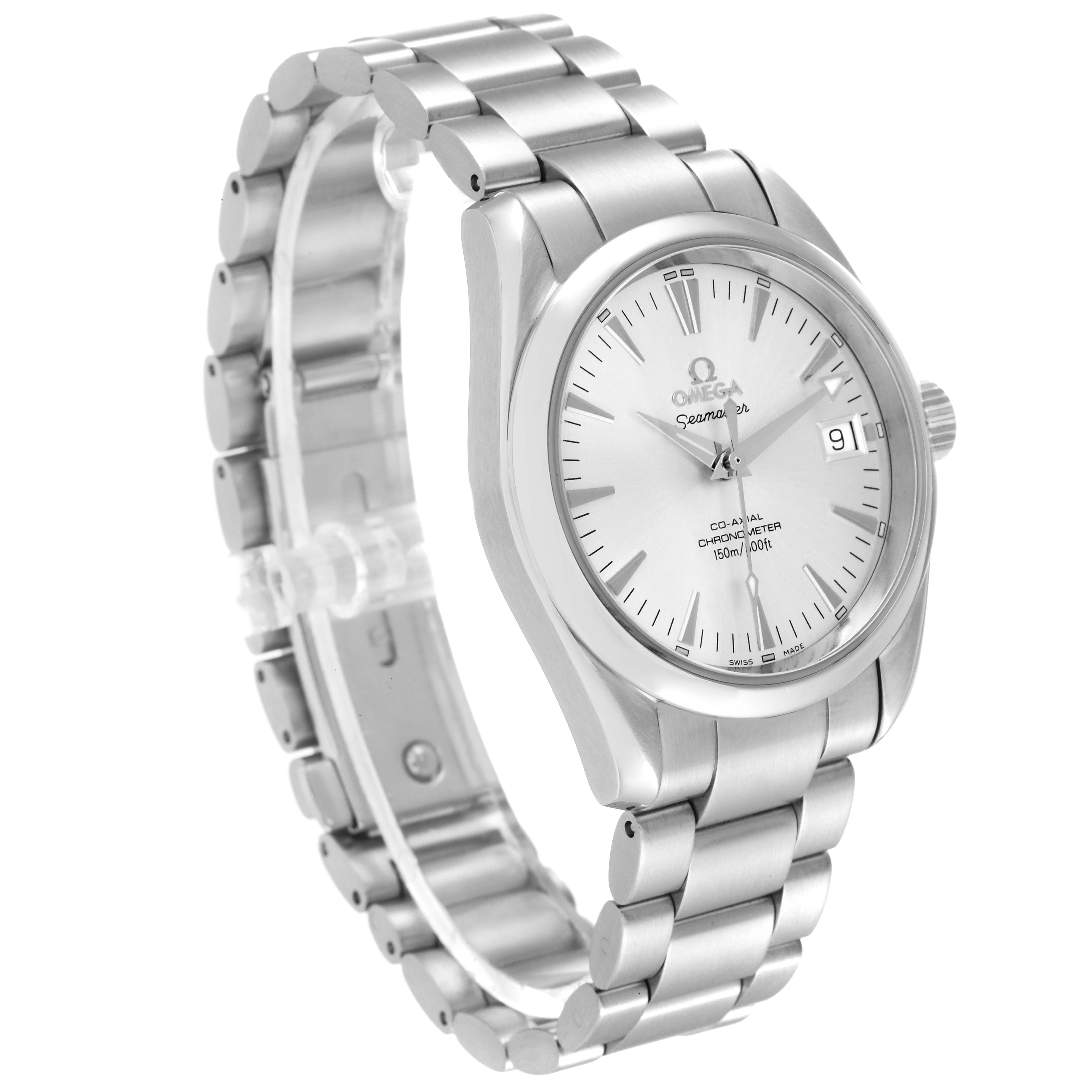 The image shows a side angle view of the Omega Aqua Terra 2504.30.00 Men
s Stainless Steel Silver Dial 2504.30.00 Men
s Stainless Steel Silver Dial watch, highlighting its face, bezel, lugs, and metal bracelet.