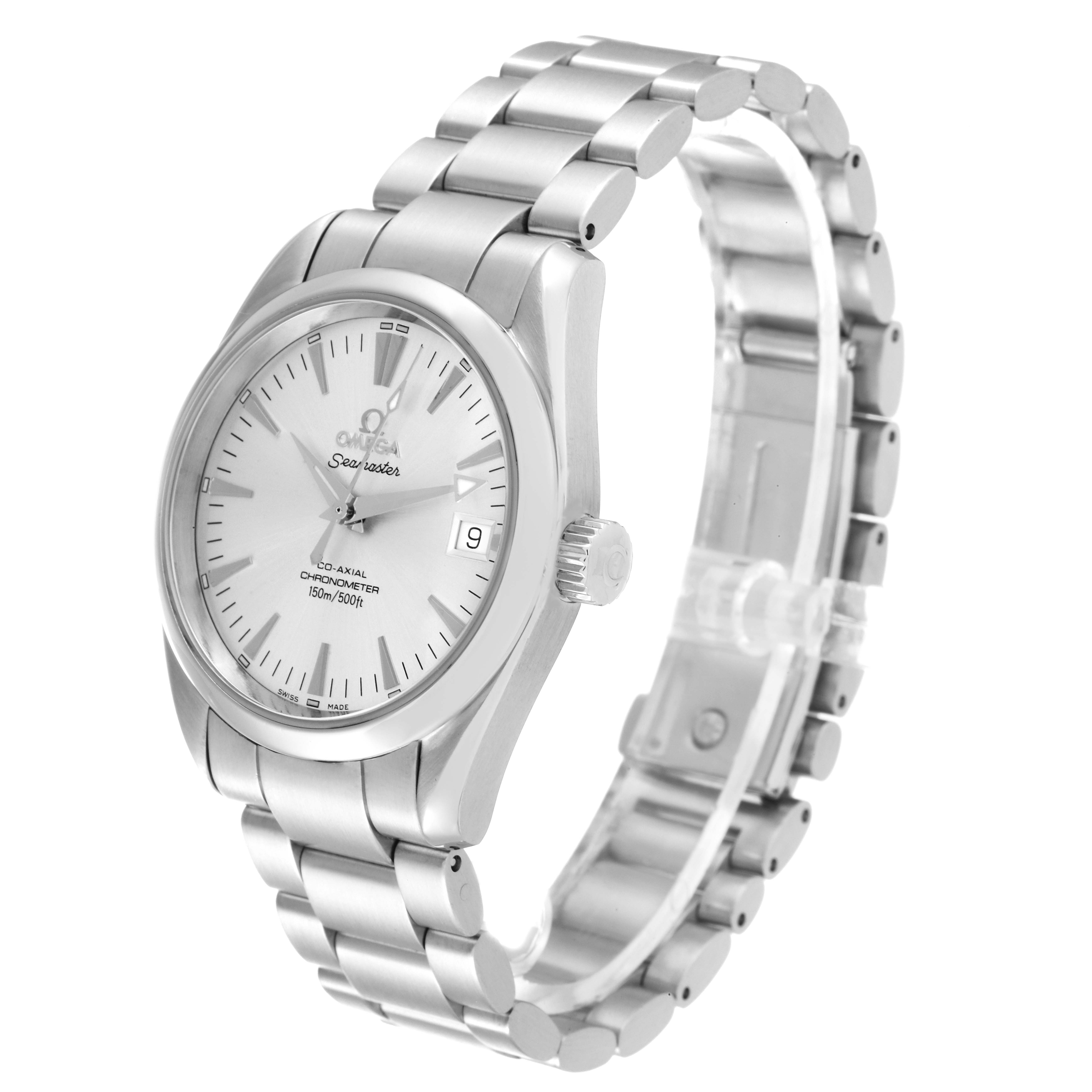 The image shows a side angle of the Omega Aqua Terra 2504.30.00 Men
s Stainless Steel Silver Dial 2504.30.00 Men
s Stainless Steel Silver Dial watch, highlighting the face, bracelet, and crown.