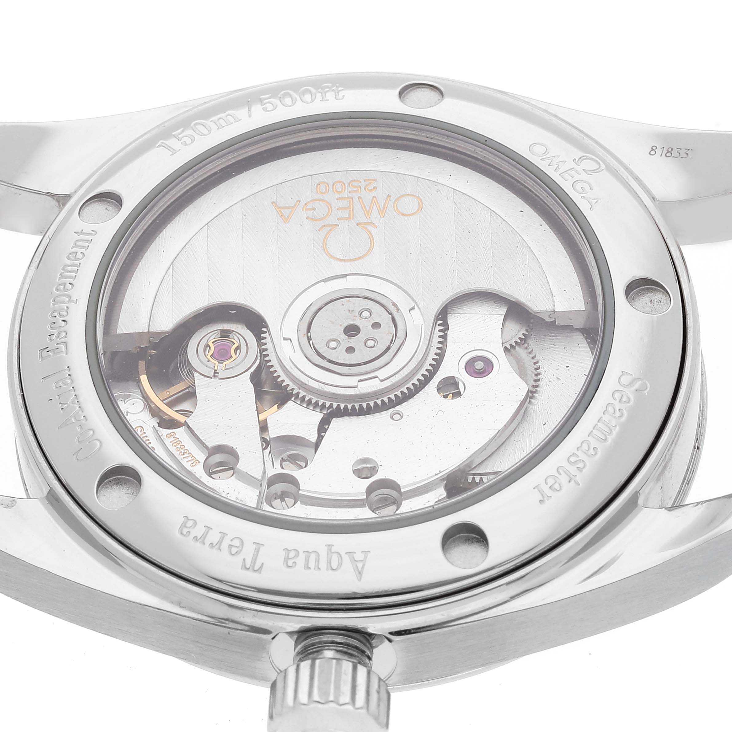This image shows the back view of the Omega Aqua Terra 2504.30.00 Men
s Stainless Steel Silver Dial 2504.30.00 Men
s Stainless Steel Silver Dial watch, highlighting its transparent case back and internal mechanisms.