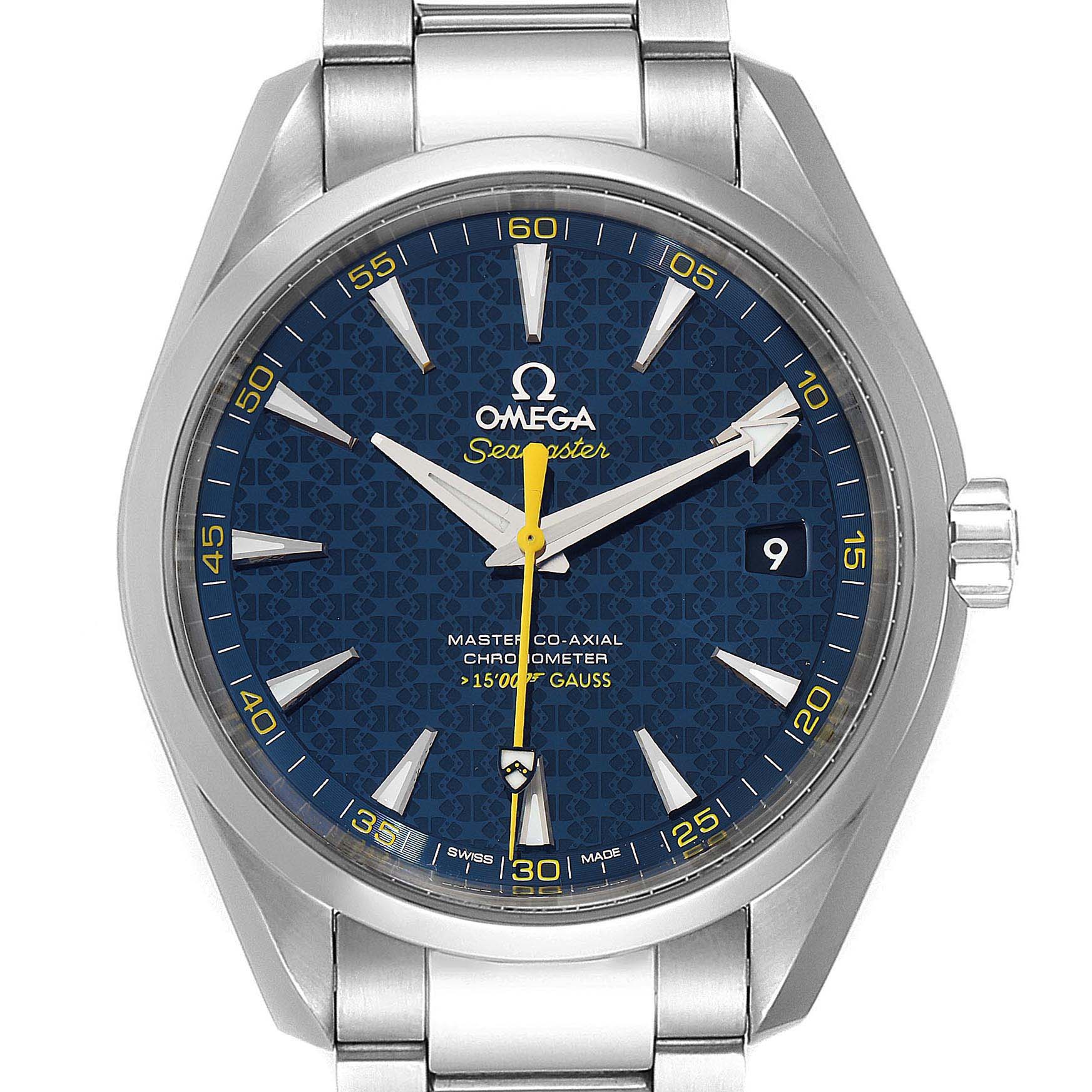 The image shows a front view of the Omega Aqua Terra 231.10.42.21.03.004 Men
s Stainless Steel Blue Dial 231.10.42.21.03.004 Men
s Stainless Steel Blue Dial watch, including its dial, hands, and part of the bracelet with the crown visible.