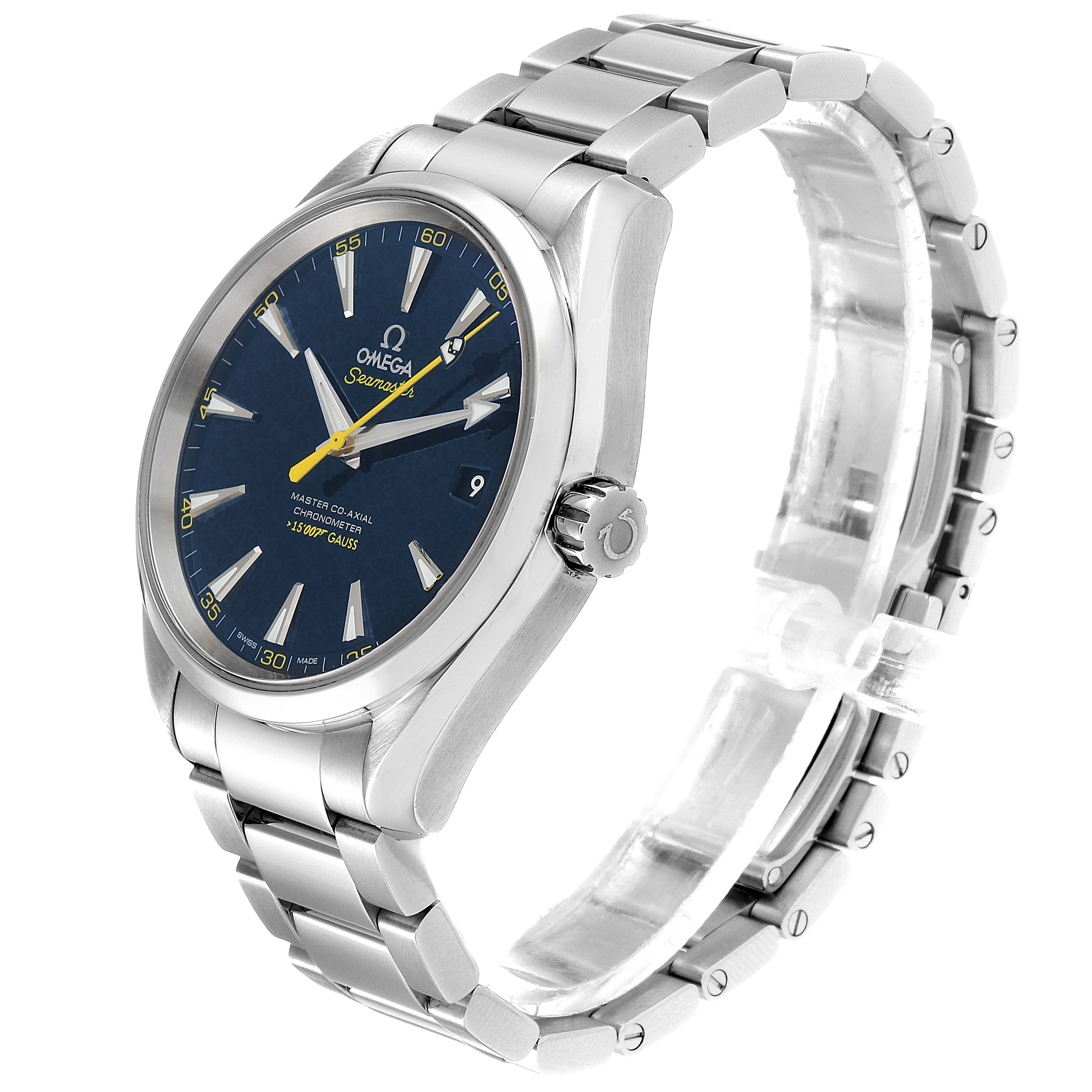 This image displays an Omega Aqua Terra 231.10.42.21.03.004 Men
s Stainless Steel Blue Dial 231.10.42.21.03.004 Men
s Stainless Steel Blue Dial watch from a three-quarter top angle, highlighting the face, crown, and bracelet.
