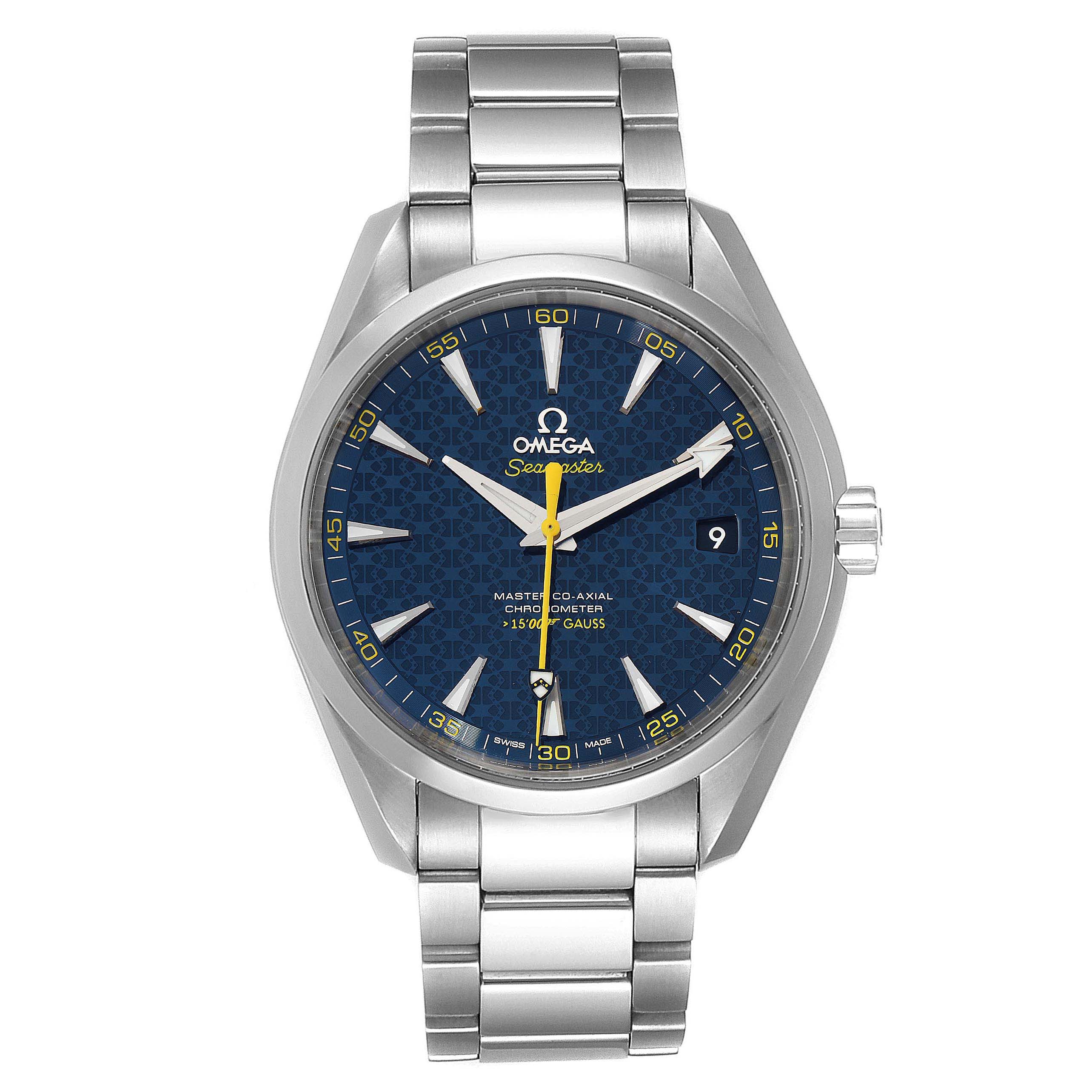 The image shows a frontal view of the Omega Aqua Terra 231.10.42.21.03.004 Men
s Stainless Steel Blue Dial 231.10.42.21.03.004 Men
s Stainless Steel Blue Dial watch, displaying its dial, bracelet, and crown.