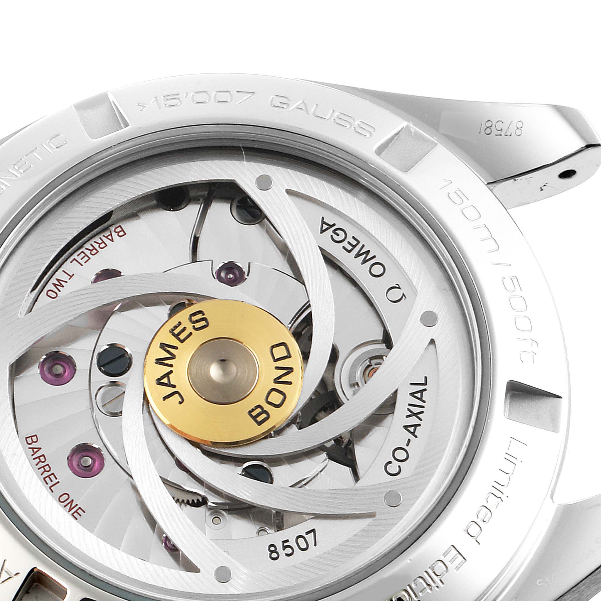 The image shows the back view of the Omega Aqua Terra 231.10.42.21.03.004 Men
s Stainless Steel Blue Dial 231.10.42.21.03.004 Men
s Stainless Steel Blue Dial watch, focusing on the movement and rotor, marked with "James Bond".