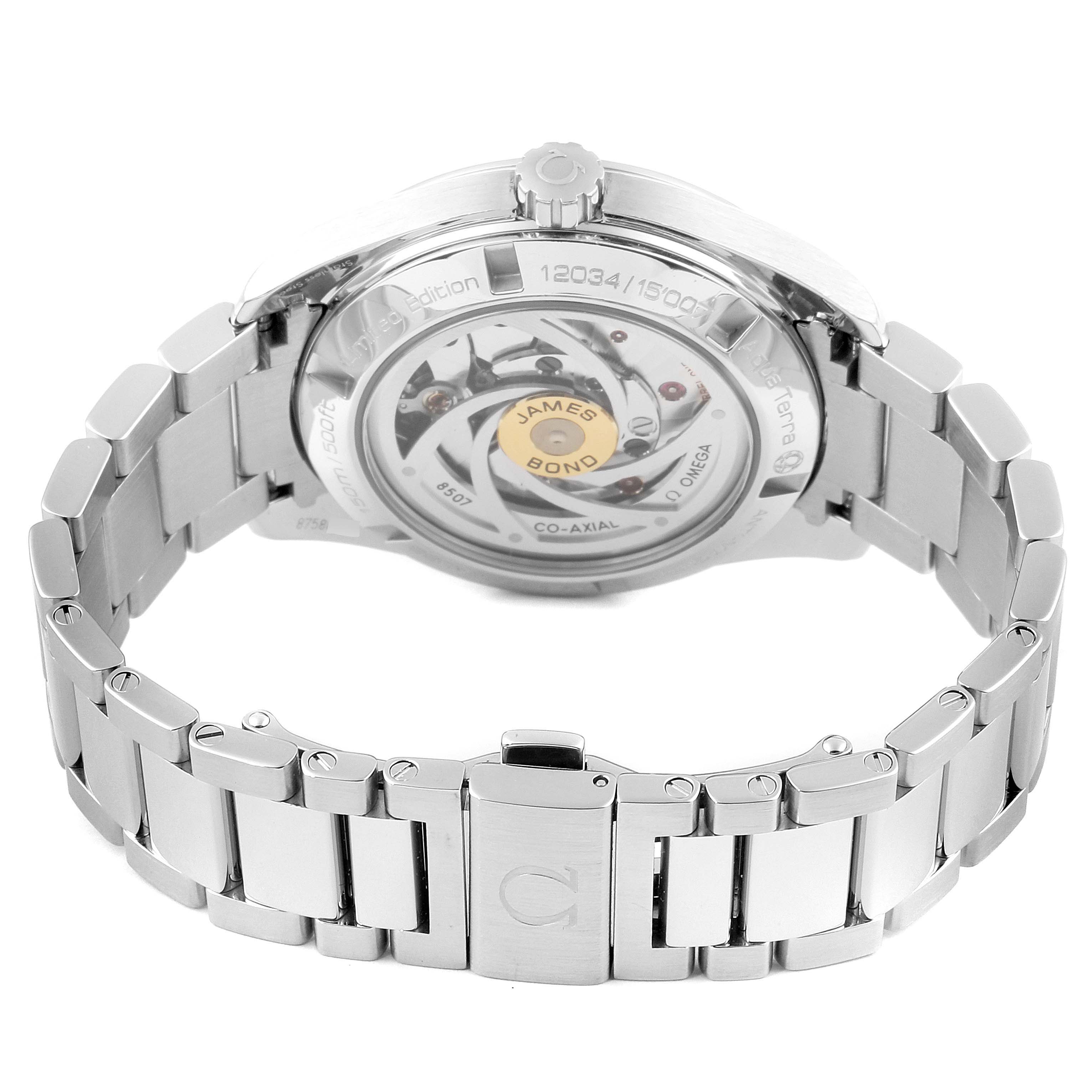 The image shows the back view of an Omega Aqua Terra 231.10.42.21.03.004 Men
s Stainless Steel Blue Dial 231.10.42.21.03.004 Men
s Stainless Steel Blue Dial watch, highlighting its mechanical movement and metal bracelet.