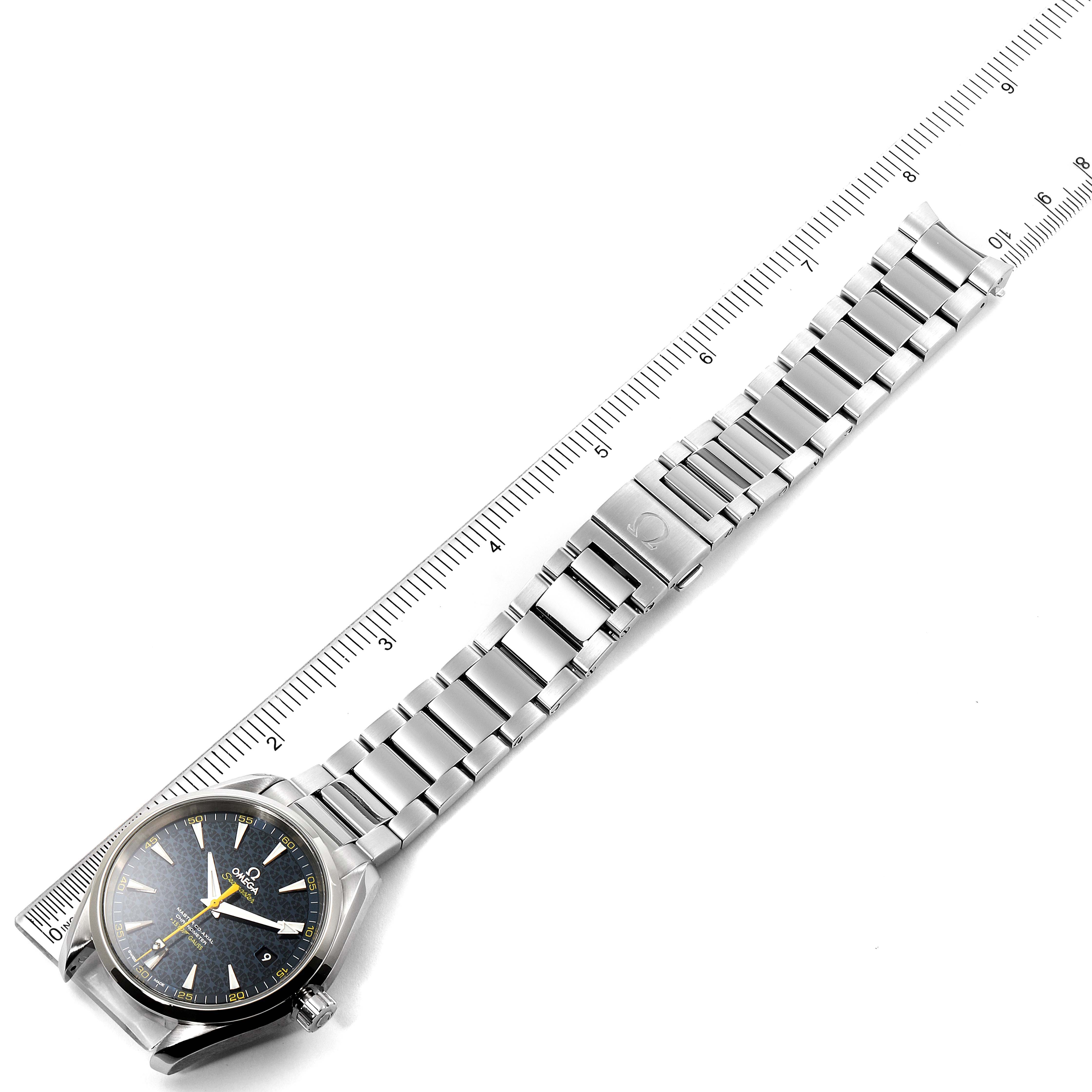 The image shows an Omega Aqua Terra 231.10.42.21.03.004 Men
s Stainless Steel Blue Dial 231.10.42.21.03.004 Men
s Stainless Steel Blue Dial watch laid flat with its bracelet and clasp visible along a ruler for measurement.
