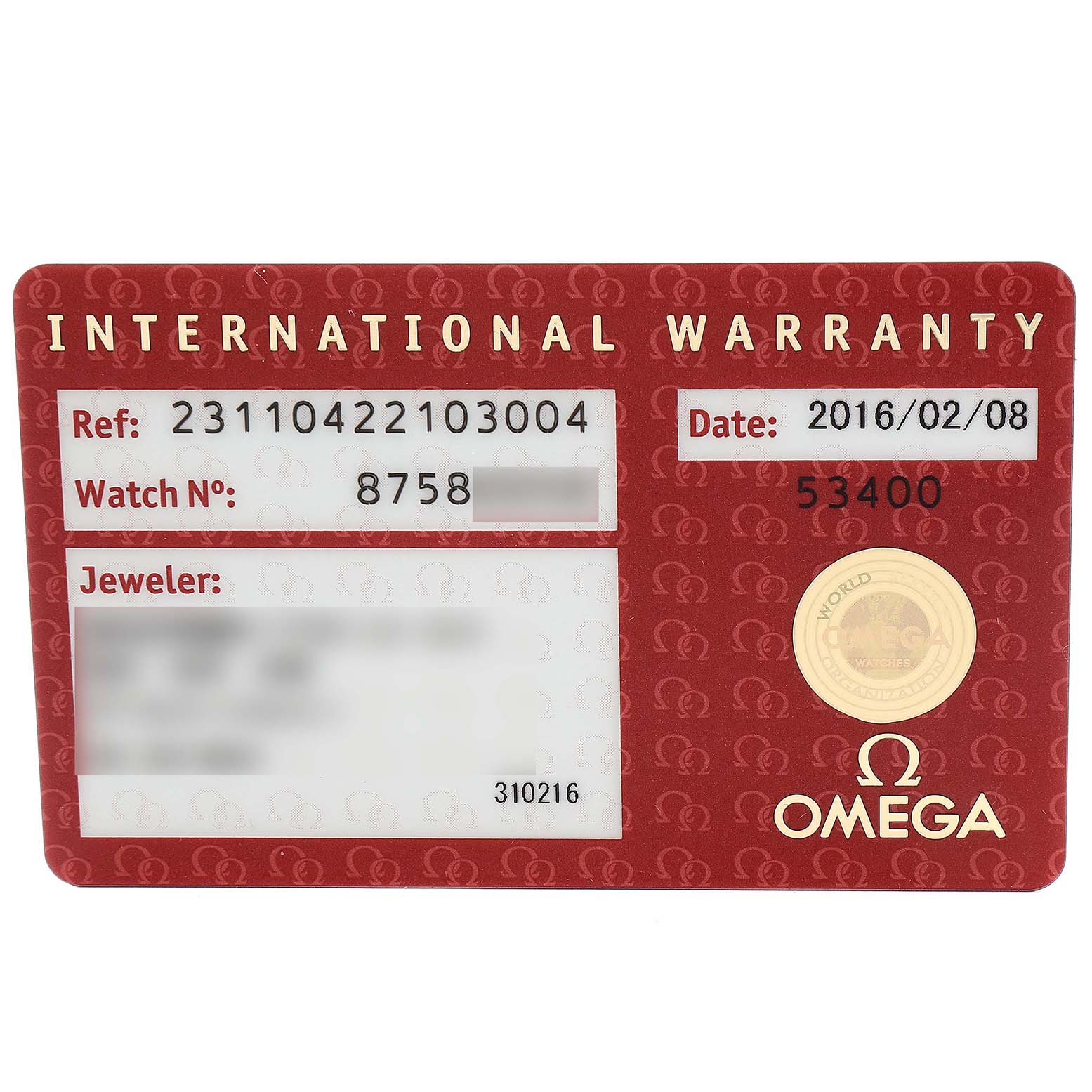 This image shows the International Warranty card for an Omega Aqua Terra 231.10.42.21.03.004 Men
s Stainless Steel Blue Dial 231.10.42.21.03.004 Men
s Stainless Steel Blue Dial watch, displaying reference number, watch number, and purchase date.