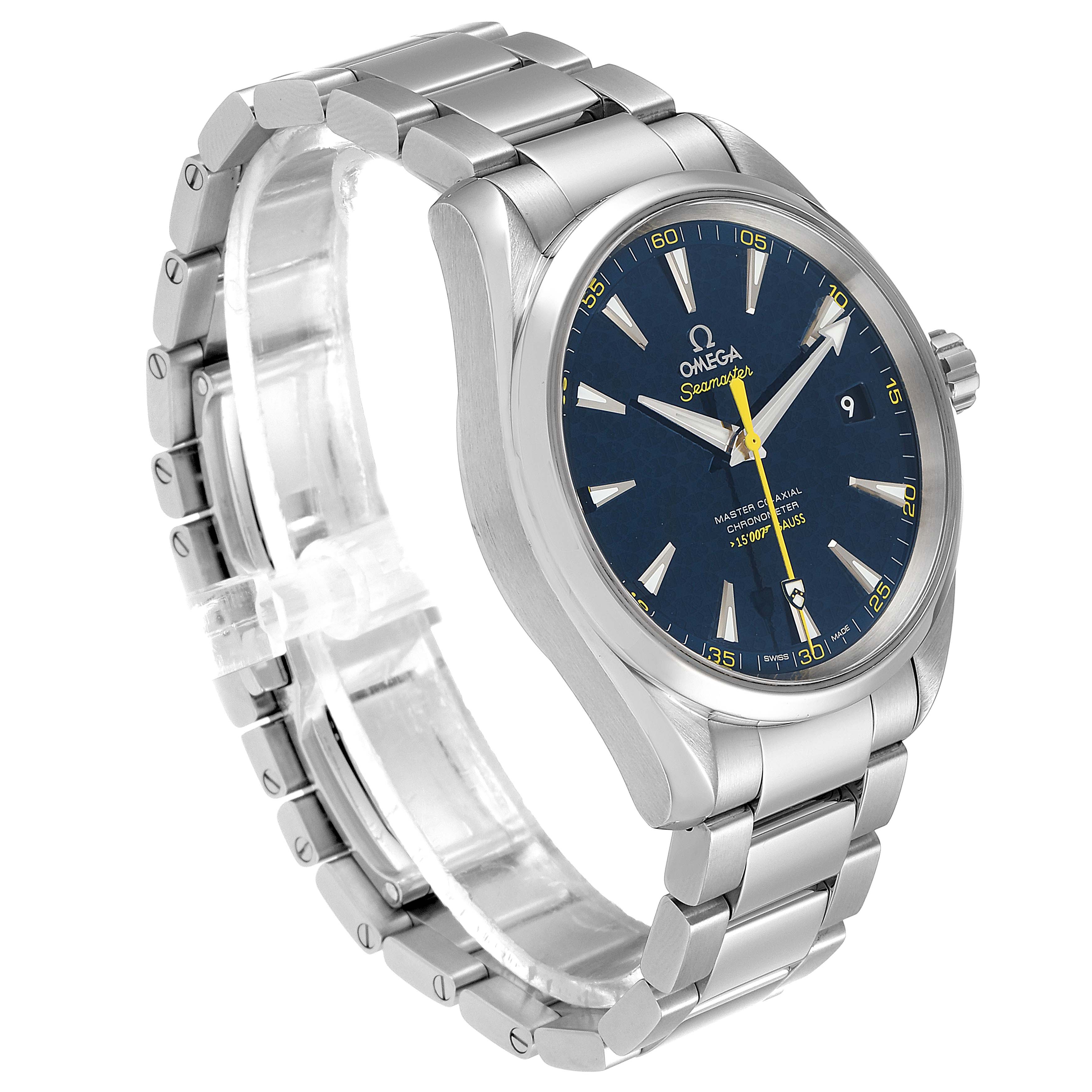 This image shows an Omega Aqua Terra 231.10.42.21.03.004 Men
s Stainless Steel Blue Dial 231.10.42.21.03.004 Men
s Stainless Steel Blue Dial watch from a three-quarter angle, highlighting the face, bezel, and metal bracelet.