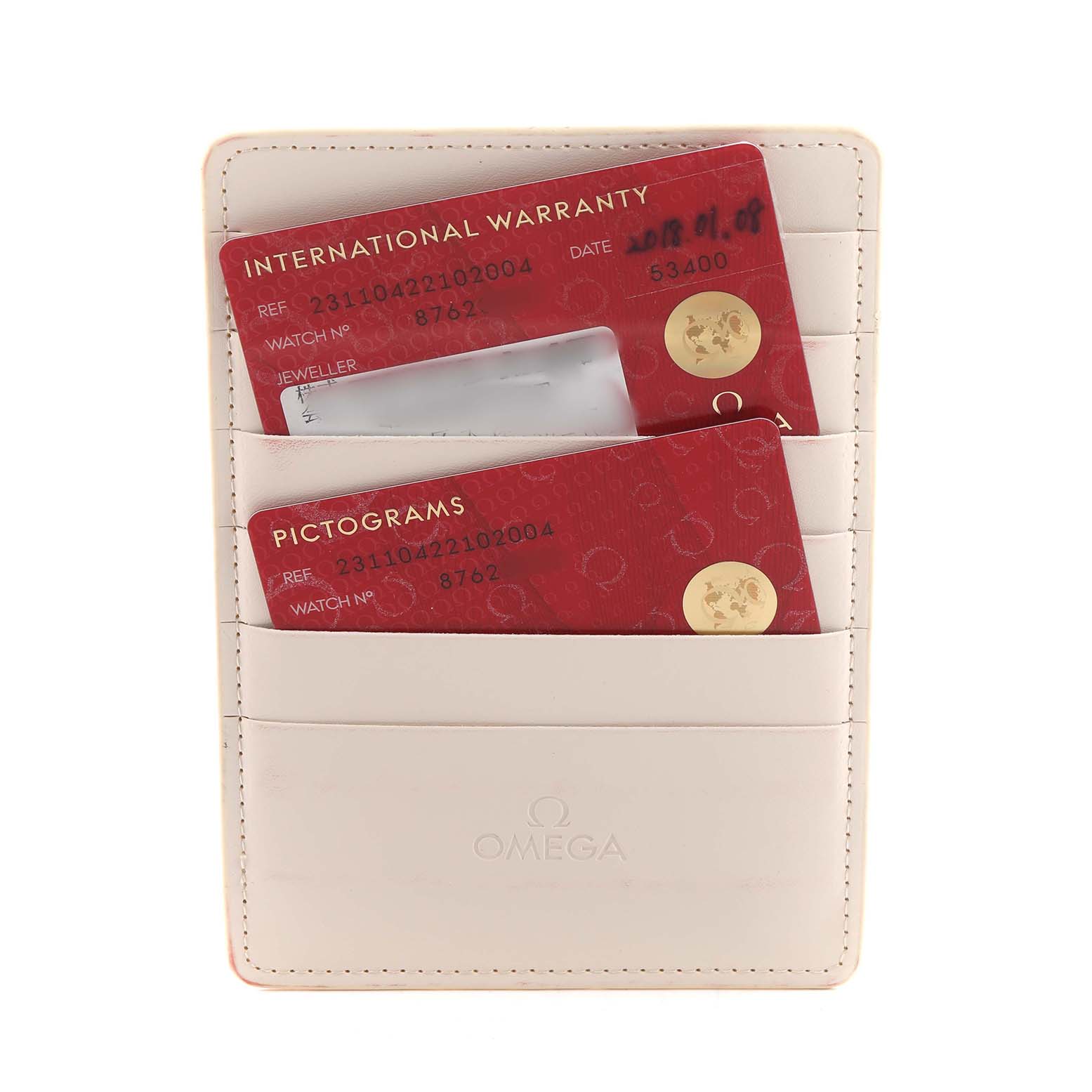 The image shows warranty and pictogram cards for the Omega Aqua Terra 231.10.42.21.02.004 Men's Stainless Steel Silver Dial, displayed in a branded cardholder.