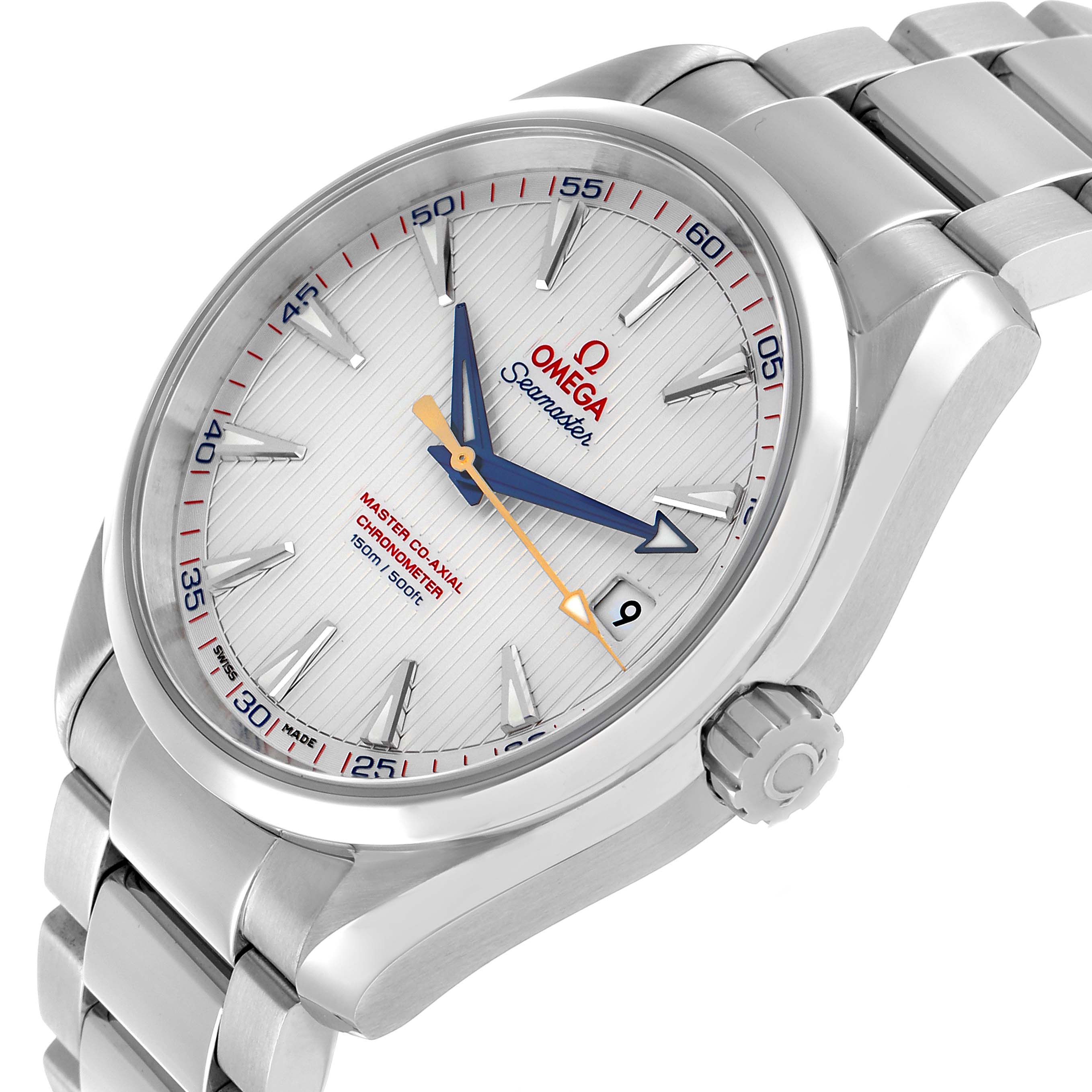The Omega Aqua Terra 231.10.42.21.02.004 Men's Stainless Steel Silver Dial watch is shown at an angled close-up, highlighting the dial, hands, crown, and stainless steel bracelet.