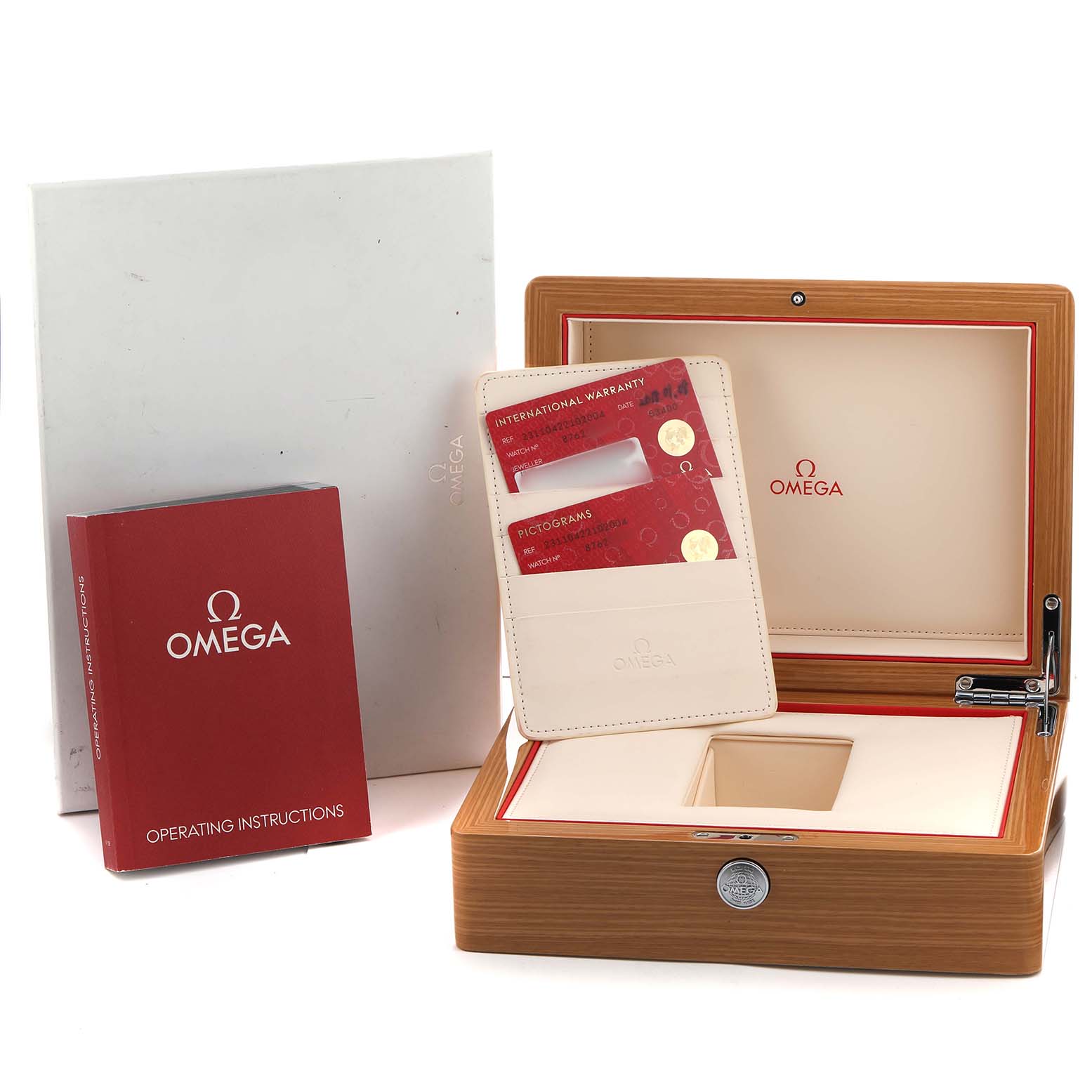 The image shows an Omega Aqua Terra 231.10.42.21.02.004 Men's Stainless Steel Silver Dial watch box, instruction manual, and warranty cards.